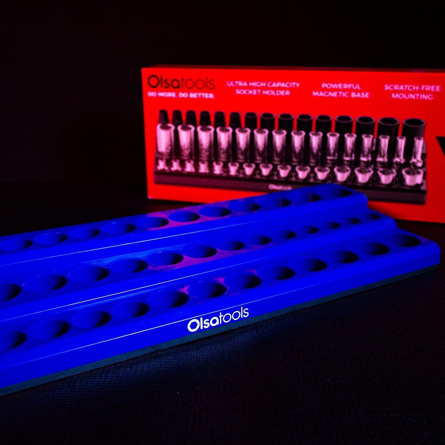 Olsa Tools Magnetic Socket Organizer (3/8-Inch Drive, 3-Row) - Magnetic Tool Organizer & Socket Holder - Tool Box Socket Organizers - Blue Blank - Holds 54 Sockets - Professional Grade - Part: 1683
