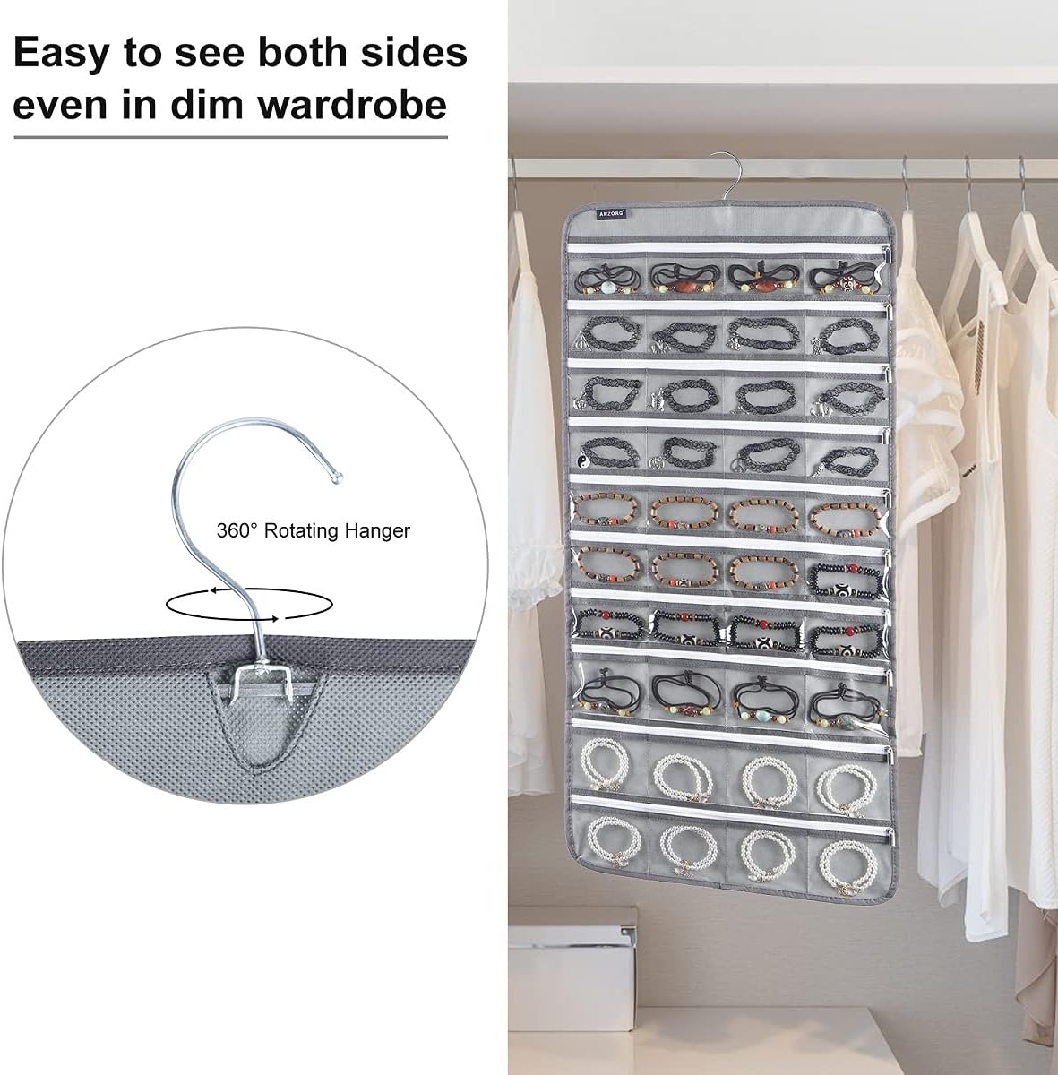 Dual-sided Hanging Jewelry Organizer with 40 Zippered Pockets and 20 Hook Loops Necklace Holder Jewelries Organizer for Earrings Bracelets Rings with 360 Degree Rotating Hanger (40 Zippered Pockets and 20 Hook Loops-Grey)