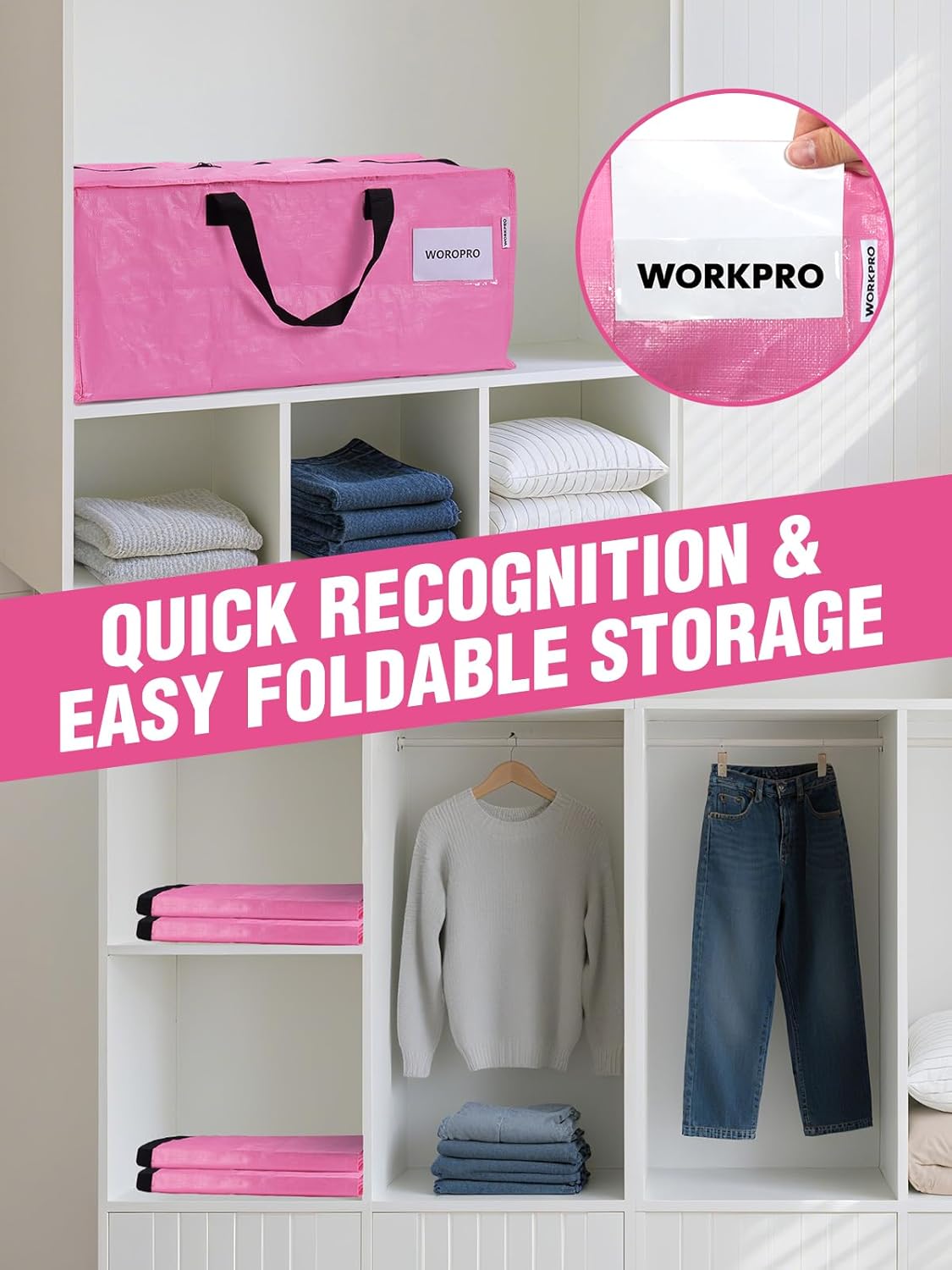 WORKPRO 4 Pack Extra Large Moving Bags with Zippers & Carrying Handles Backpack Straps, Heavy-Duty Storage Tote for Space Saving Moving Storage (Pink)
