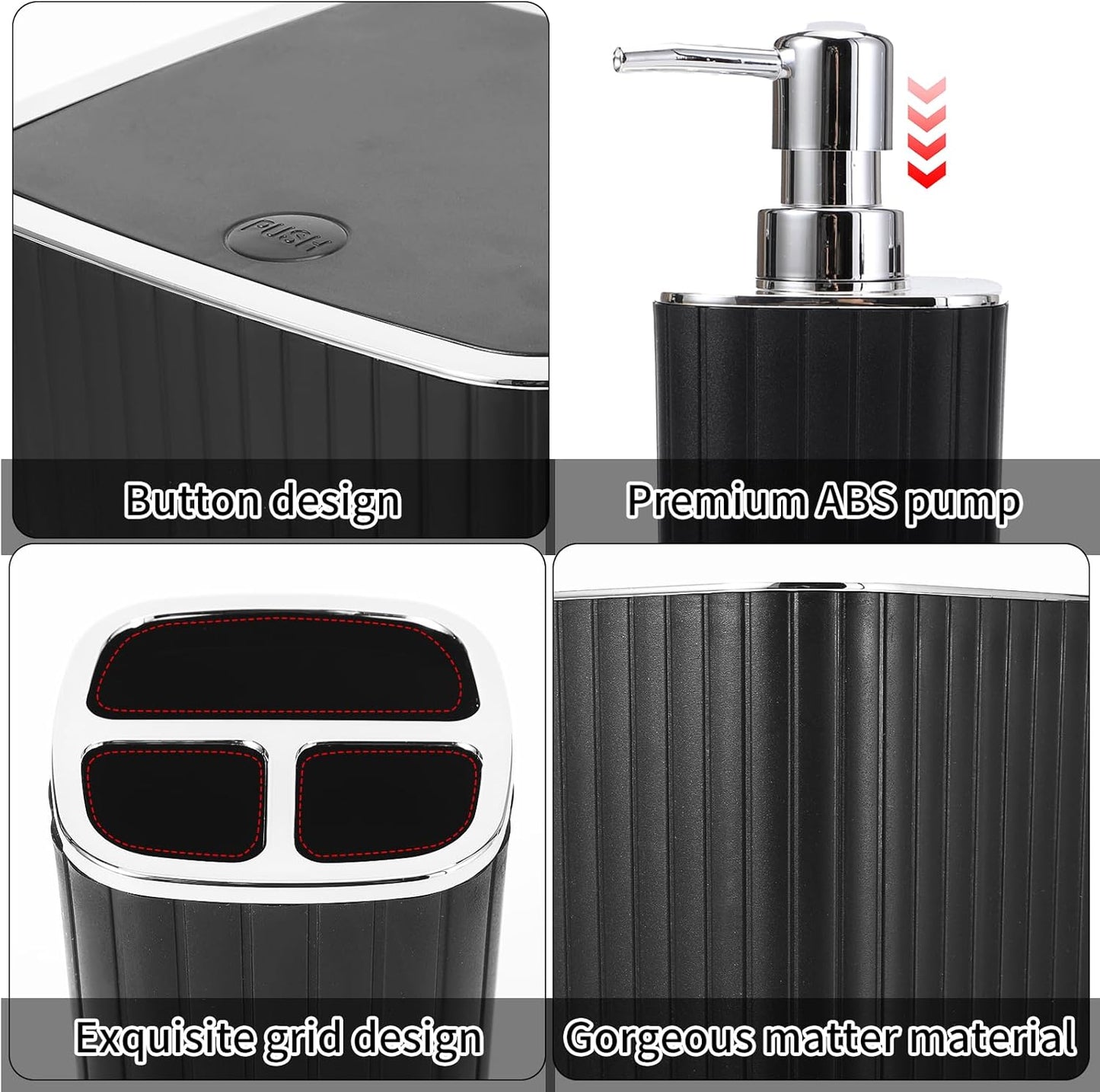 Bathroom Accessories Set - Gorgeous Bathroom Set, 10PC Black Bathroom Accessory Set, Toilet Brush, Trash Can, Qtip Holder Dispenser & Soap Dispenser