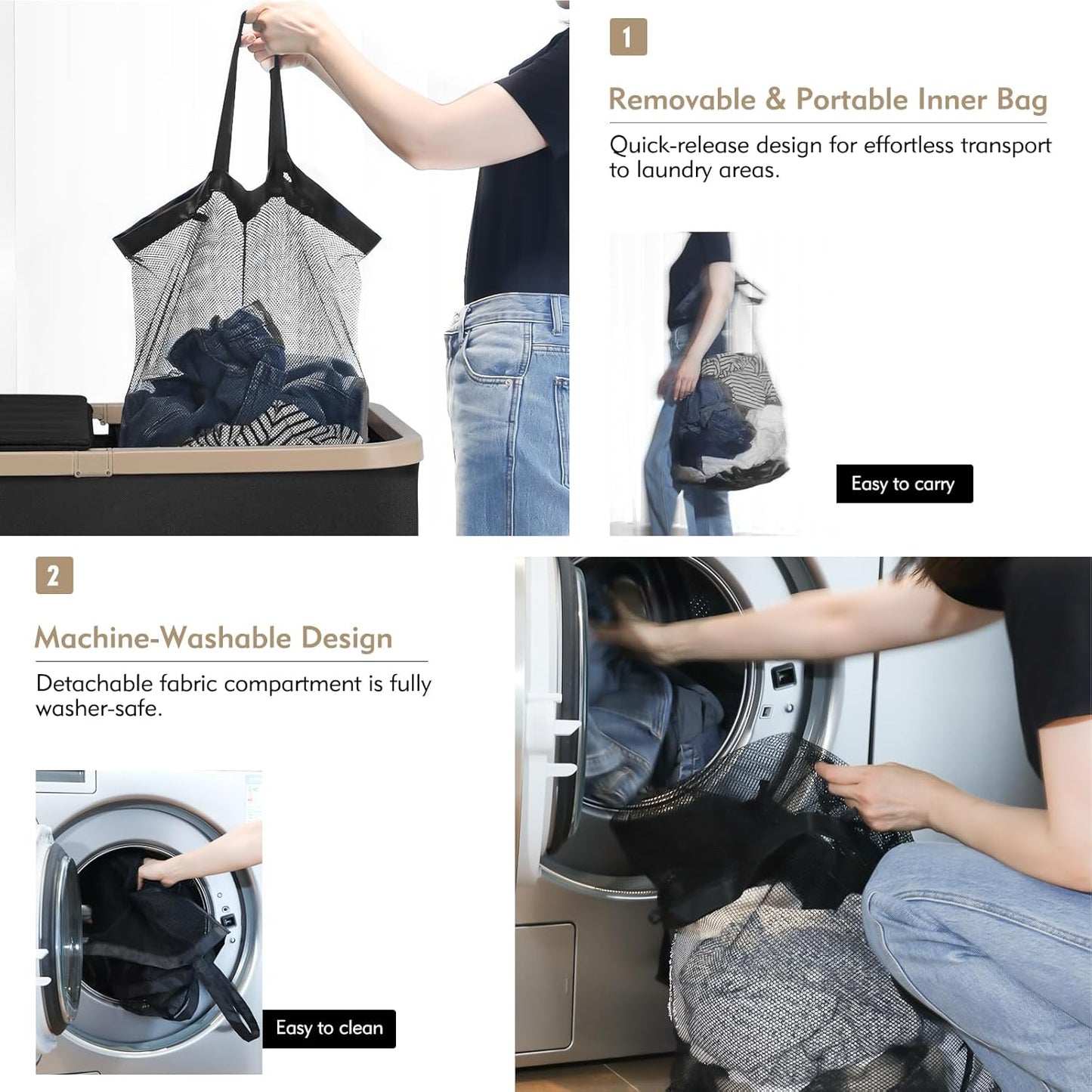 DOKEHOM 160L Double Laundry Basket with Removable Lid and Laundry Bags, Large Collapsible Laundry Hamper with 2 Sections (Black)