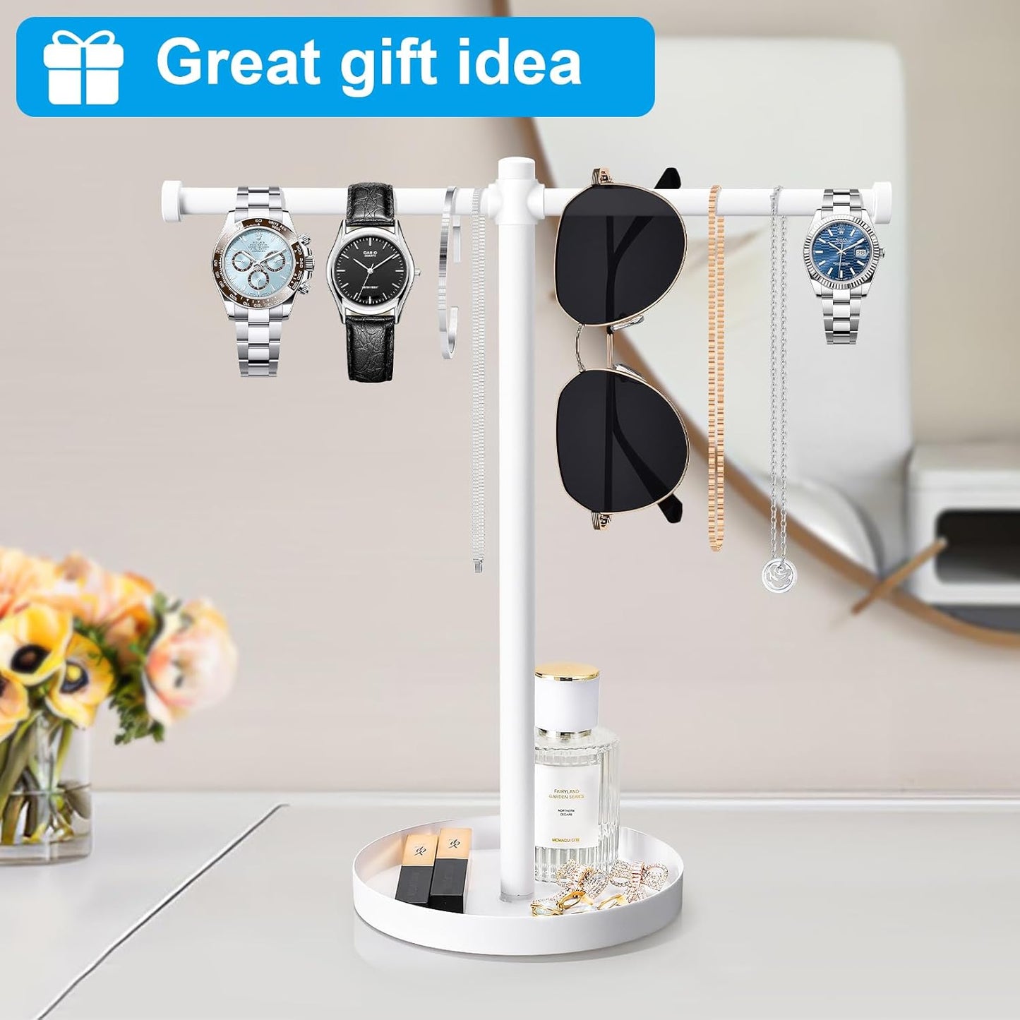 Jewelry Necklace Organizer Stand,12.9" Tall Sturdy Metal Jewelry Stand with Round Tray for Bracelet Bangles Holder Display,Long Necklace Organizer Holder (white)