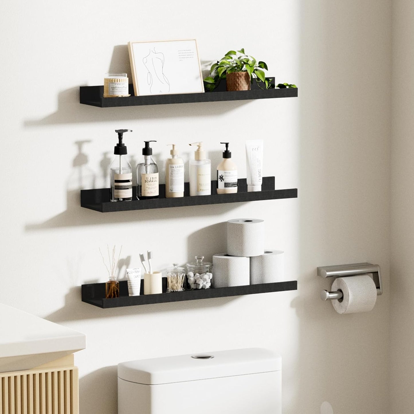 upsimples Floating Shelves for Wall, 23.6 Inch Shelves for Decor Storage Set of 6, Wall Mounted Wood Shelf for Bedroom, Living Room, Bathroom, Kitchen, Long Picture Ledge Shelves, Black