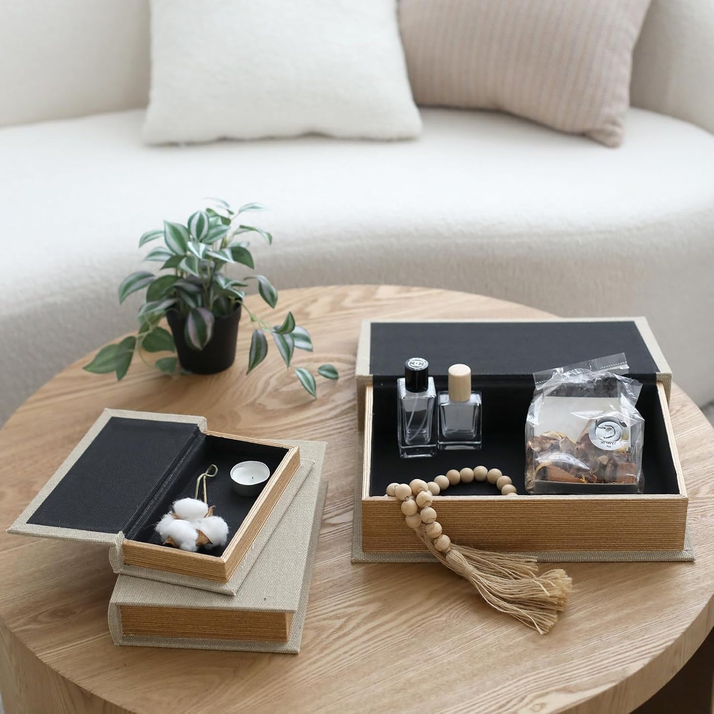 Modern Linen and Wood Decorative Faux Book Boxes Set of 3-13",10",8" - Linen