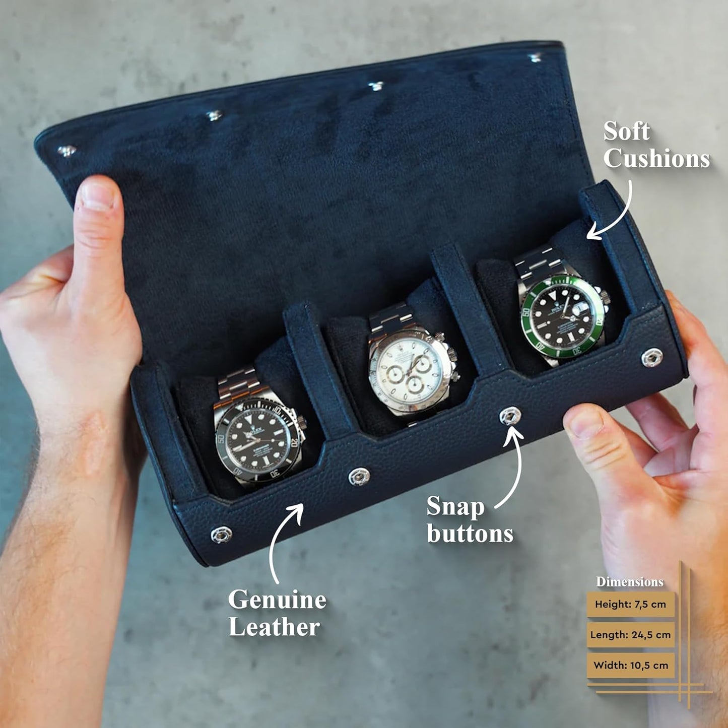 DailyWatch | Watch Roll Travel Case For 3 Watch | Luxury Watch Case In Genuine Leather With Soft Velvet Interior | Watch Case Protect, Store, & Display Your Watches | Navy Blue
