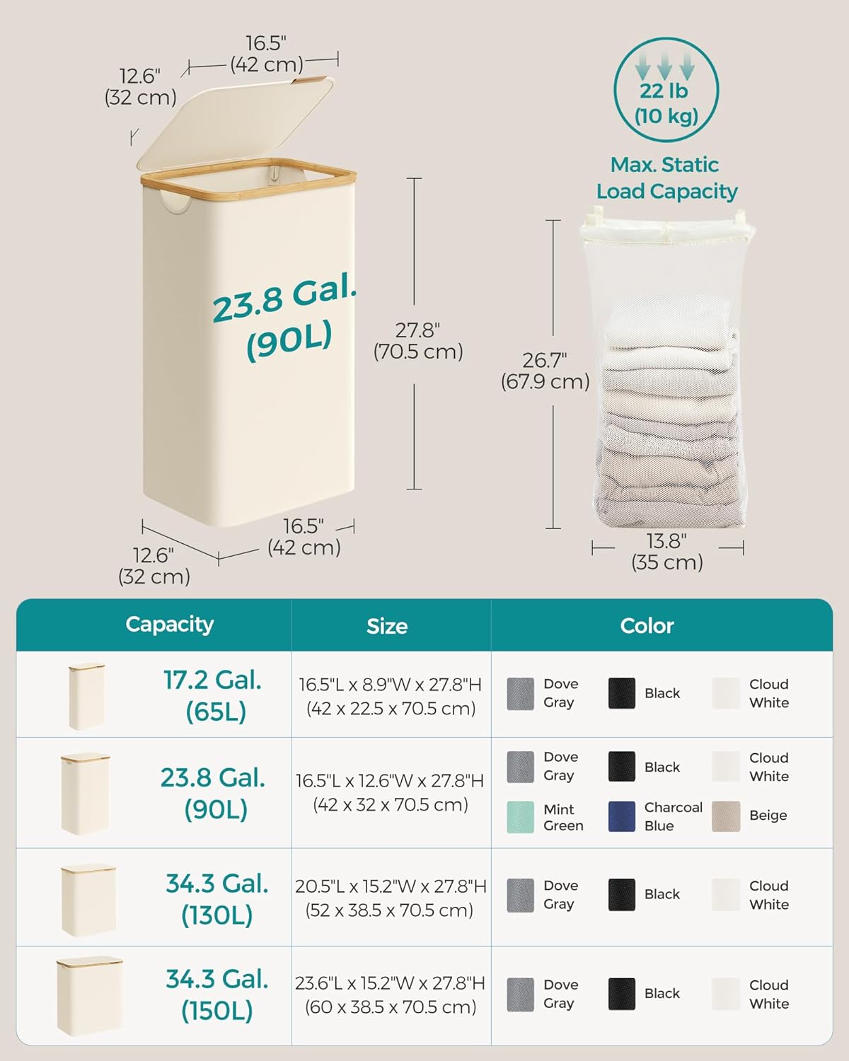 SONGMICS Laundry Hamper with Lid, Large Laundry Basket, 23.8 Gallons (90L), Removable Mesh Liner, Bamboo Handles, Collapsible, 16.5 x 12.6 x 27.8 Inches, Cream White ULCB509W01