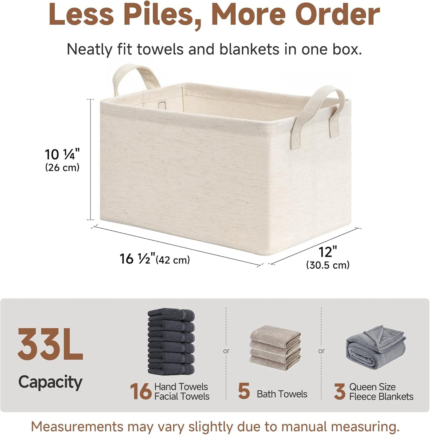 StorageWorks Storage Bins, Shelves Baskets for Organizing, Large Fabric Closet Organizers with Handles, Metal Frame, Beige(Cotton-linen), 2-Pack