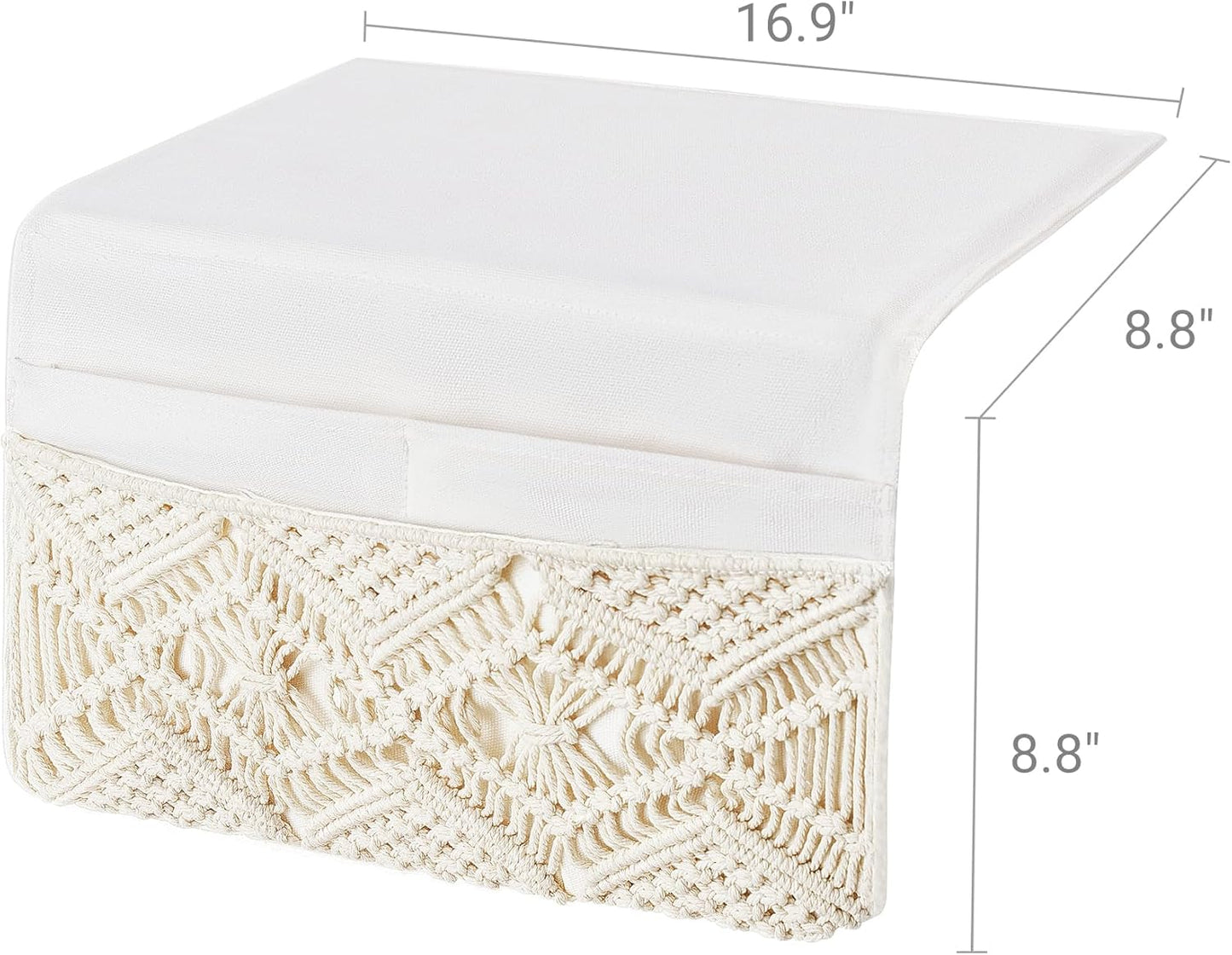 Mkono Macrame Bedside Caddy Storage Organizer Boho Remote Control Tablet Magazine Holder with 4 Pockets Non-slip Countertop Bedside Caddy for Home Bedroom Living Room College Dorm Bed, Ivory, Large