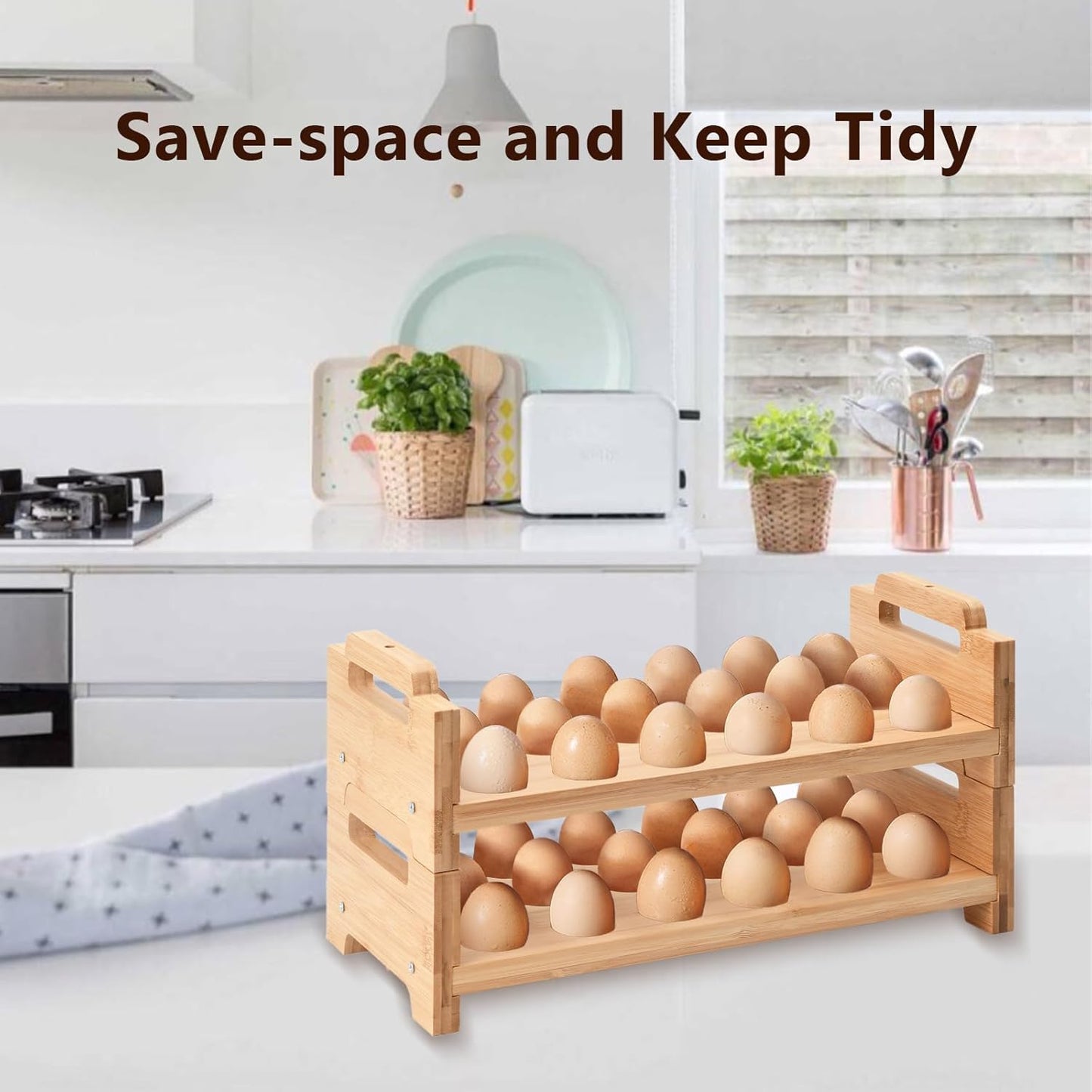 2-Tier Wooden Egg Holder - Egg Basket For Gathering Fresh Eggs, Layer Egg Tray Holder Countertop For 18 Eggs,Tier Egg Organizer For Farmhouse Kitchen Refrigerator Fits Duck, Turkey, Chicken Eggs
