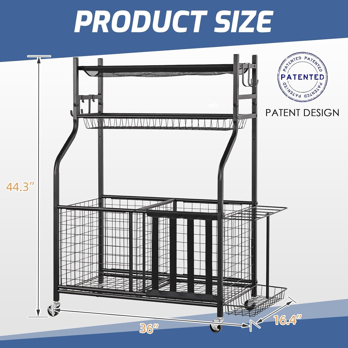 PLKOW Sports Equipment Organizer - Garage Storage Rack with Basket and Hooks, Ball Storage, Toy and Gear Organizer, Black