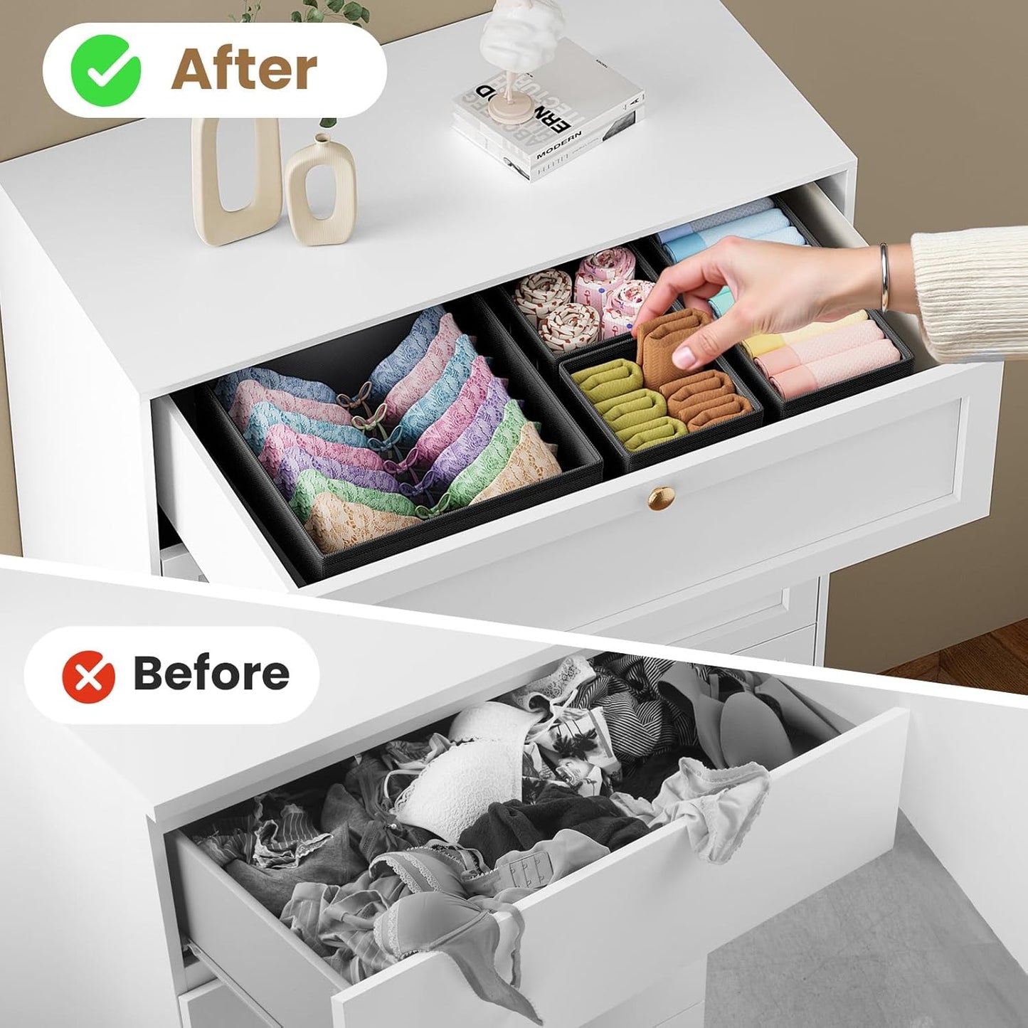 Drawer Organizer Clothes, 24 Pack Drawer Organizers and Underwear Organizer for Nursery, Dividers Clothes Organizer, Closet Organization and Foldable Storage Bins for Sock, Bra, Tie, Black
