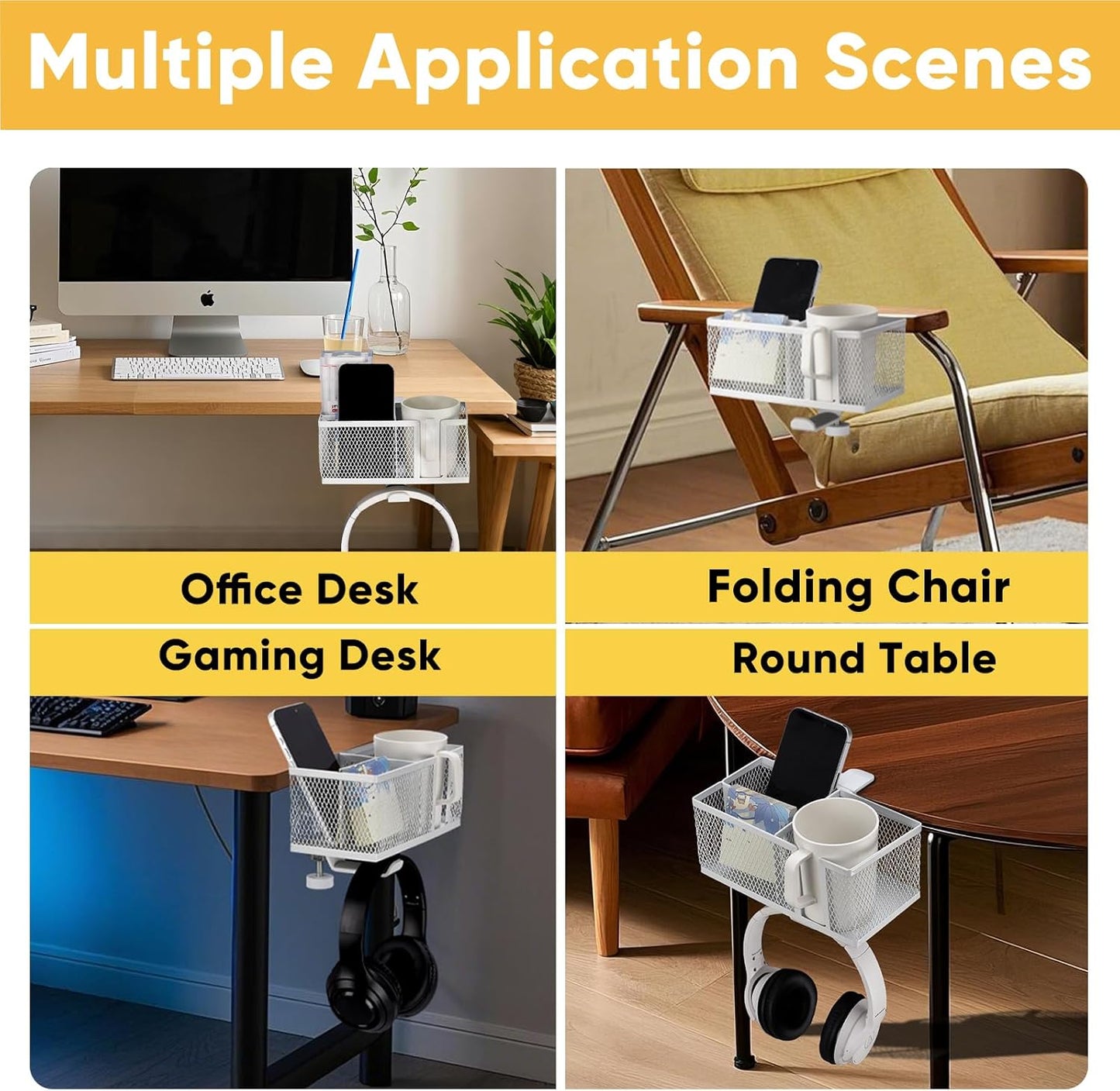 4 in 1 Metal Clip On Cup Holder Attachment for Gaming Desk or Table, Sturdy and Easy to Clamp, Attachable Anti-Spill Cup Holder for Salon Chair, Bedside, Water Bottles, Drinks, Headphones - White