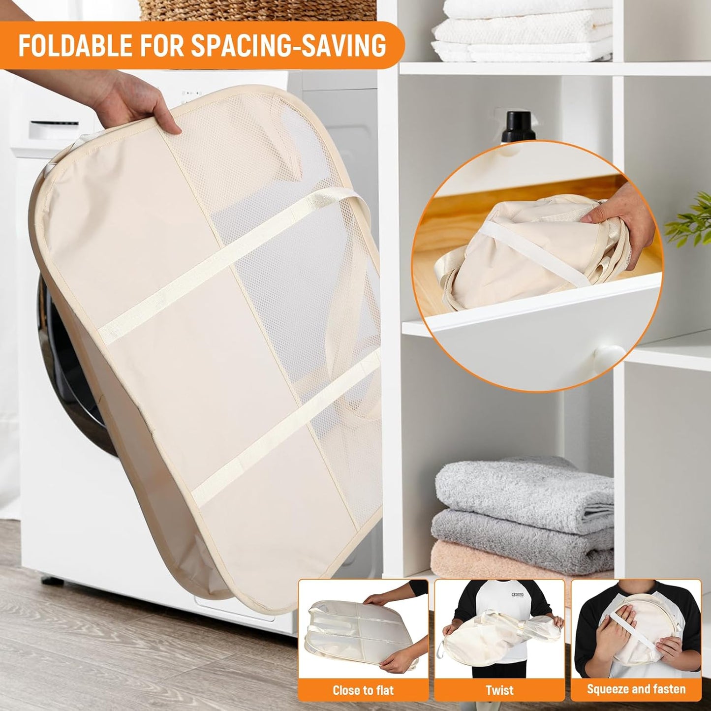 Collapsible Laundry Baskets with Easy Carry Handles, 95L Clothes Hamper for Storage, Foldable Laundry Basket Tear-proof, Large Pop Up Hampers for Laundry, Bedroom, Bathroom, Dorm Beige