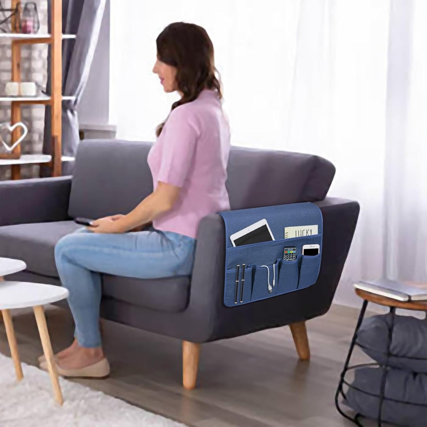 NB Sofa Armrest Organize remote holder bedside caddy organizer with 5 pockets,non-slip couch remote control holder couch armchair caddy accessories (Blue, 35''x18'')