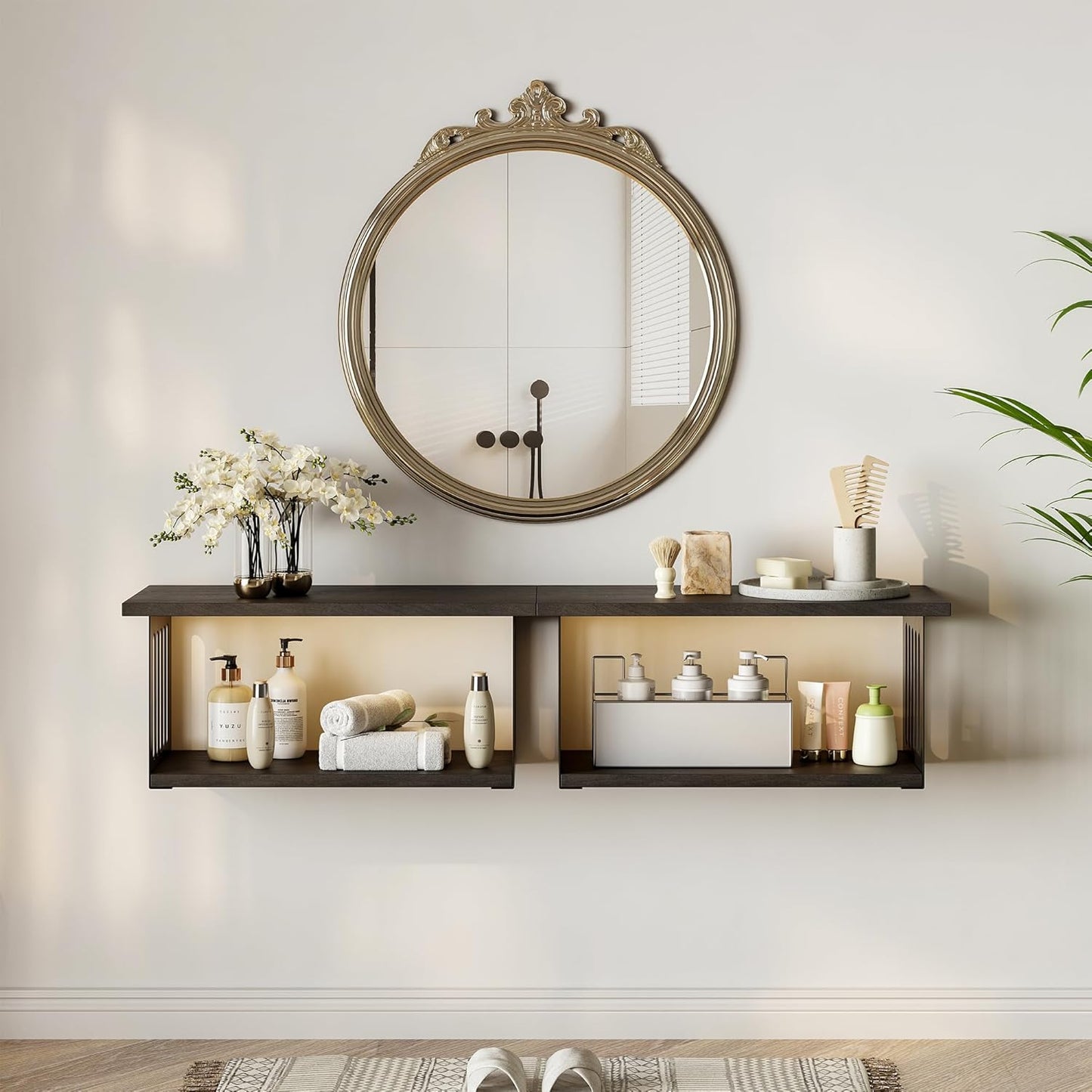 2-Tier Display Wall Shelves,16.8 Inch Floating Shelves Wall Mounted Set of 2,Floating Bookshelves Set of 2 for Living Room, Bathroom, Bedroom, Kitchen, Black