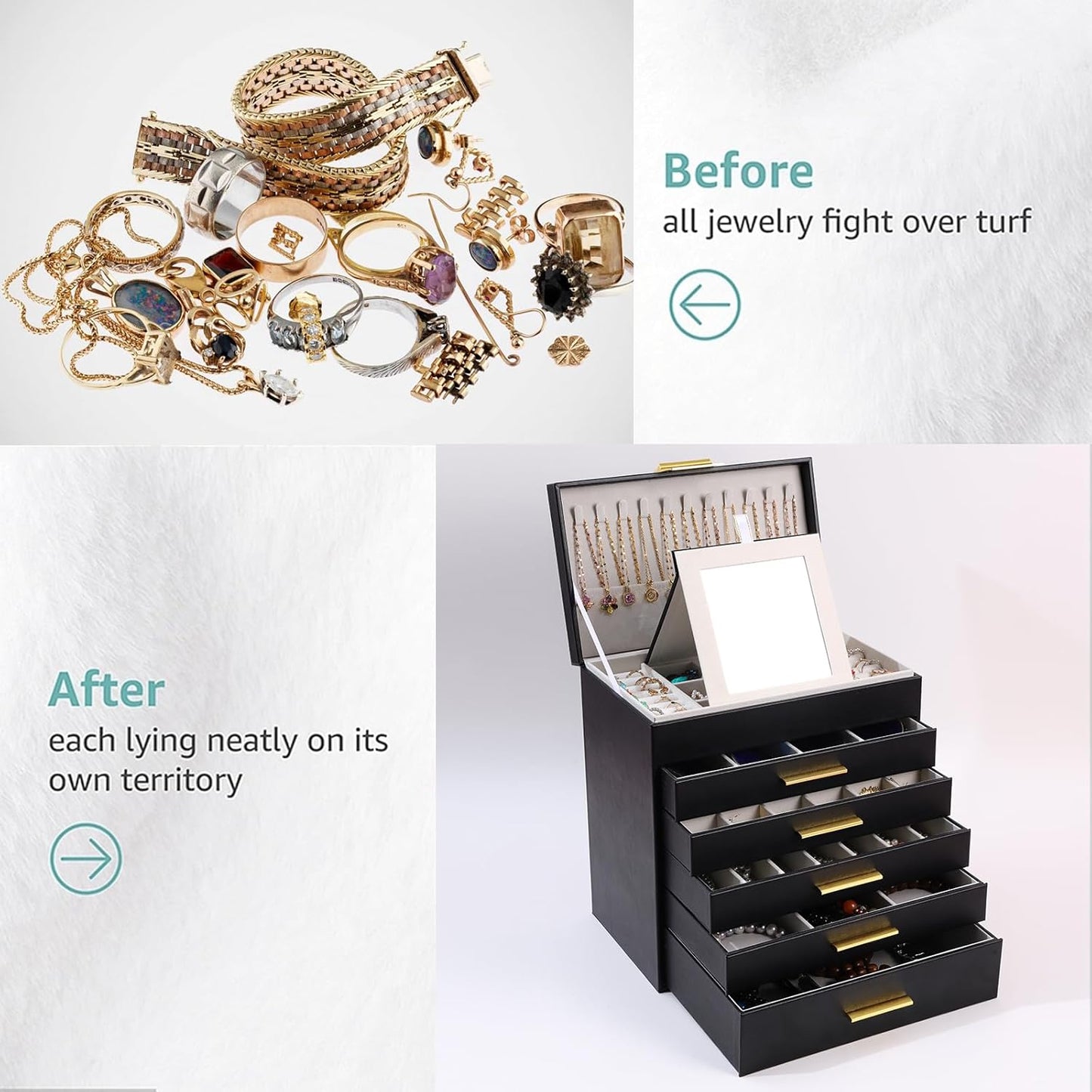 BOOVO Jewelry Box with Necklace Hanger – Jewelry Organizer for Women with 5 Drawers, Large Jewelry Storage Boxes –Jewelry Organizers and Storage for Earrings, Necklaces (Black, 6 layer)