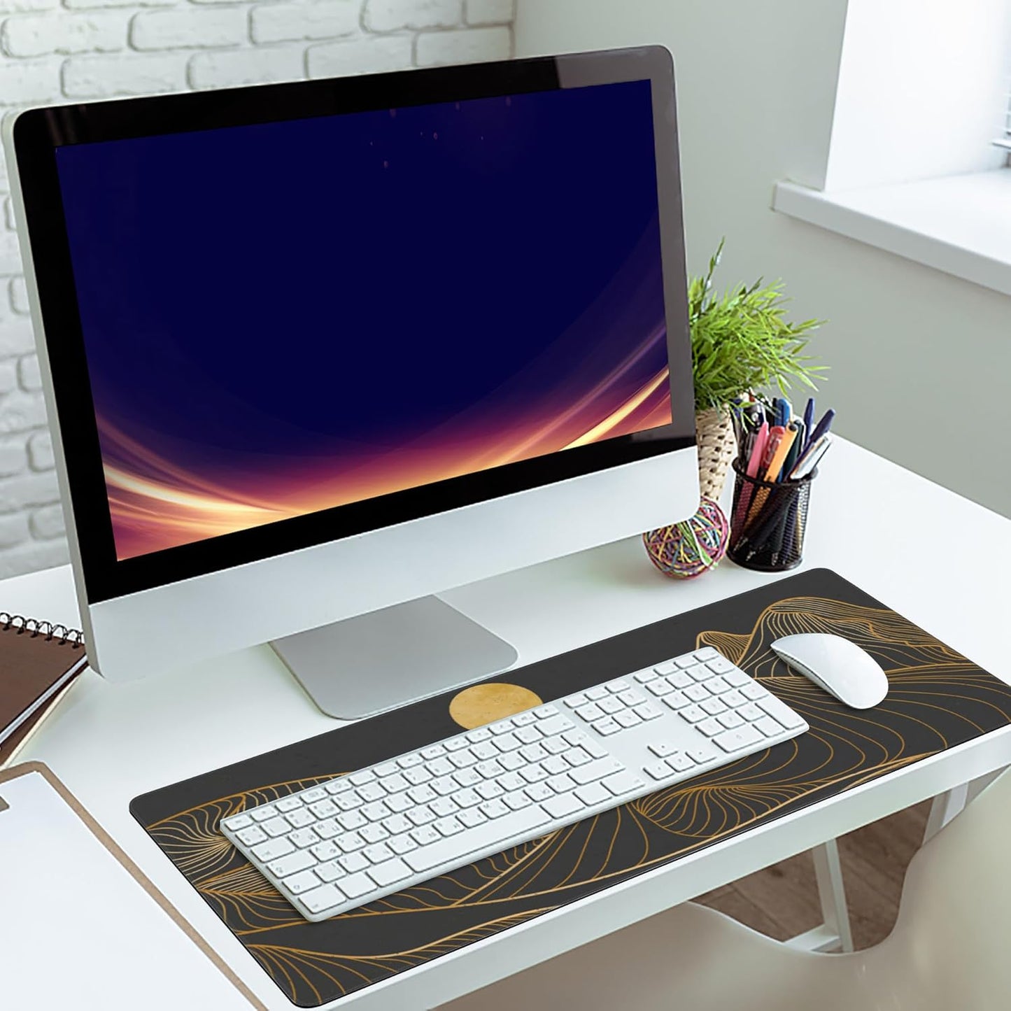 Desk Mat,Mountain Line Art Extended Gaming Mouse Pad,Large Non-Slip Rubber Base Mousepad with Stitched Edges,Waterproof Mouse Mat Desk Pad for Office Game Home 35.4x15.75 in