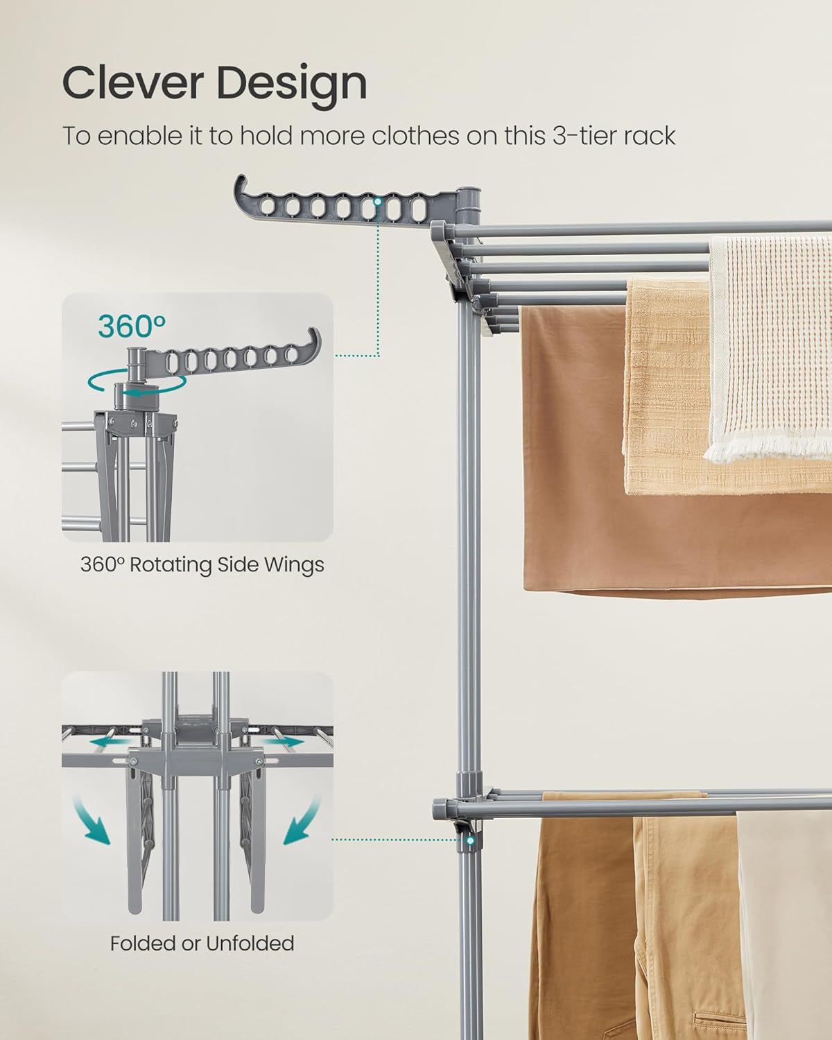 SONGMICS Clothes Drying Rack 3-Tier, Foldable Laundry Drying Rack 58.3-Inch Tall, Stainless Steel, Rolling Clothes Horses, Clothes Airer, Indoor Outdoor Use, Dove Gray ULLR702G01