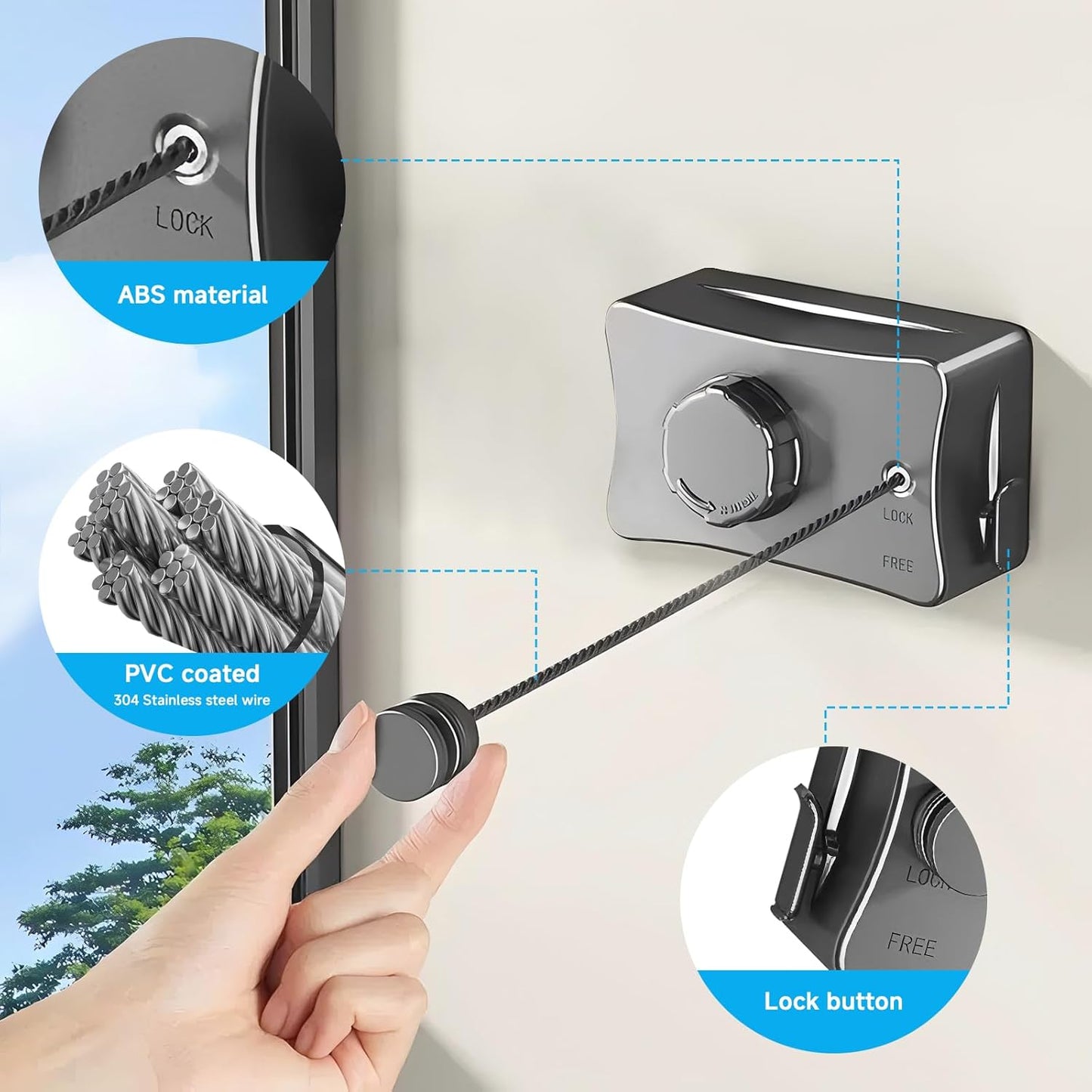 Retractable Outdoor Clothes Line,Heavy Duty Clothes Drying Laundry Line Wall Mounted Stainless Steel Line-16.7 Feets-Grey