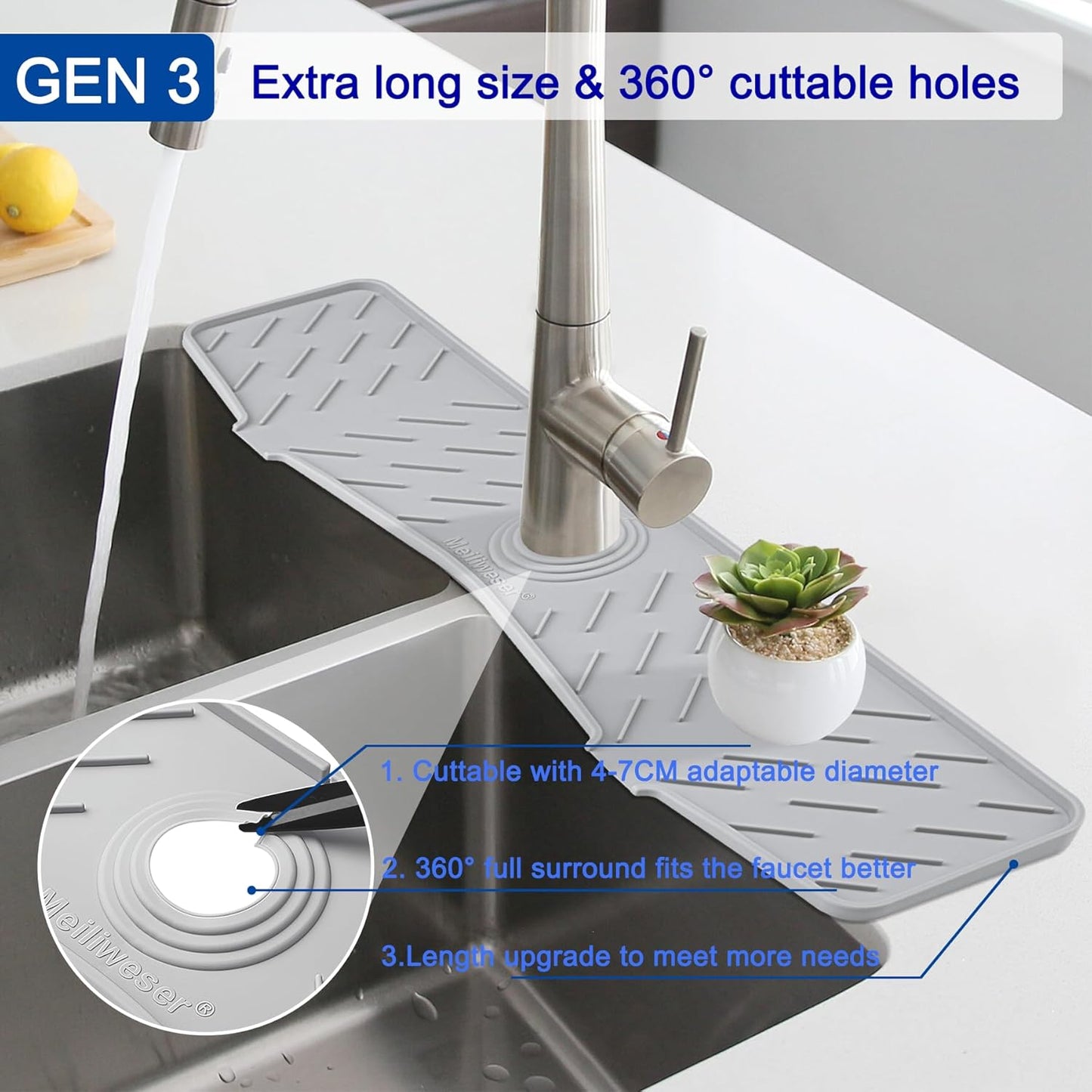Meiliweser Faucet Mat for Kitchen Sink – 24” x 5.1” Extra-Long Silicone Splash Guard with 10° Slope & Upgraded Drainage – Gen 3 Sink Water Catcher & Sponge Holder for Kitchen, Bathroom (Gray)