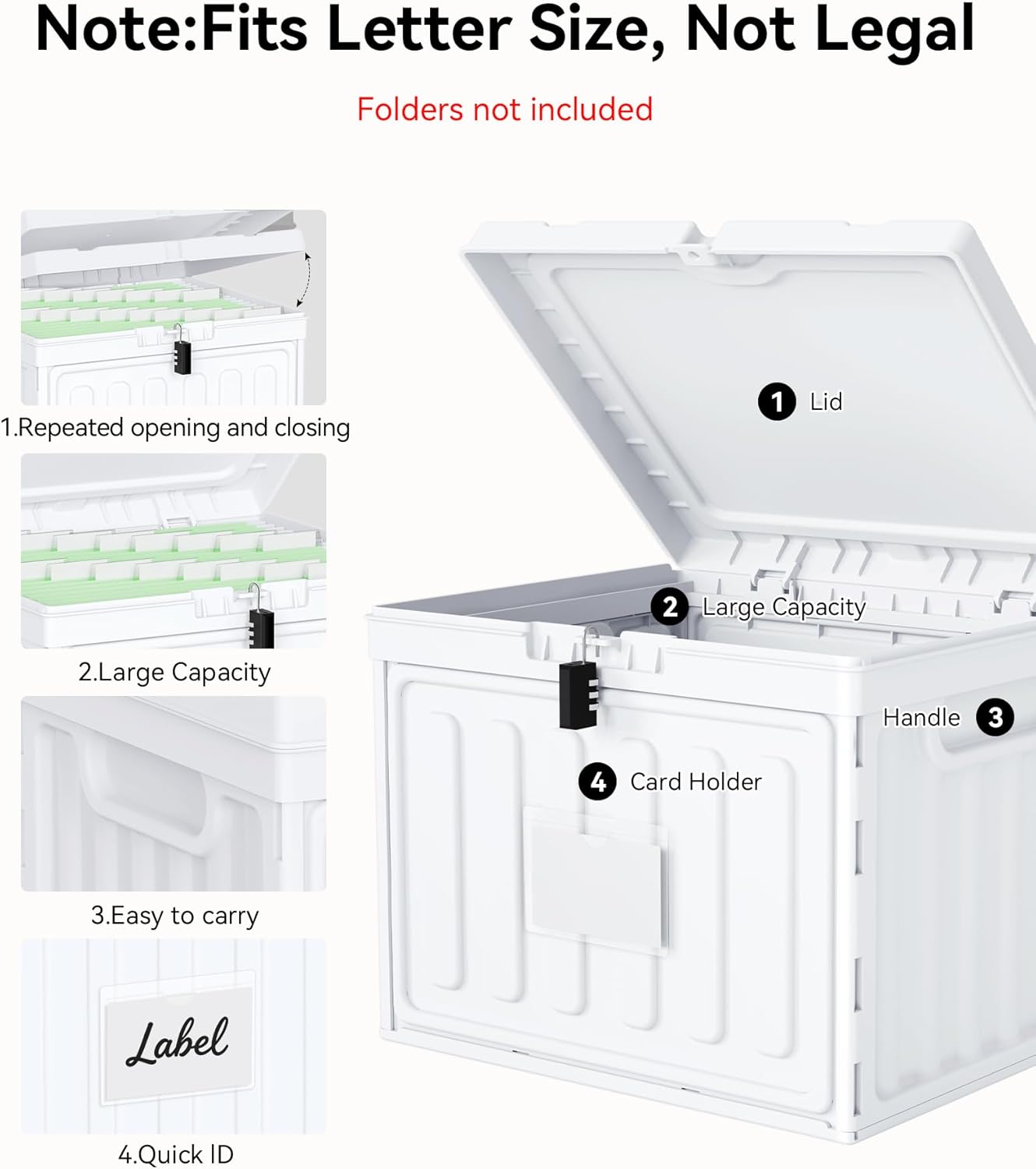 Oterri Plastic File Box with Lid for Letter Size File Folders, Hanging File Folder Box Collapsible File Organizer, File Cabinet Document Organization Home, Office (White, Large-2 Pack Without Folders)