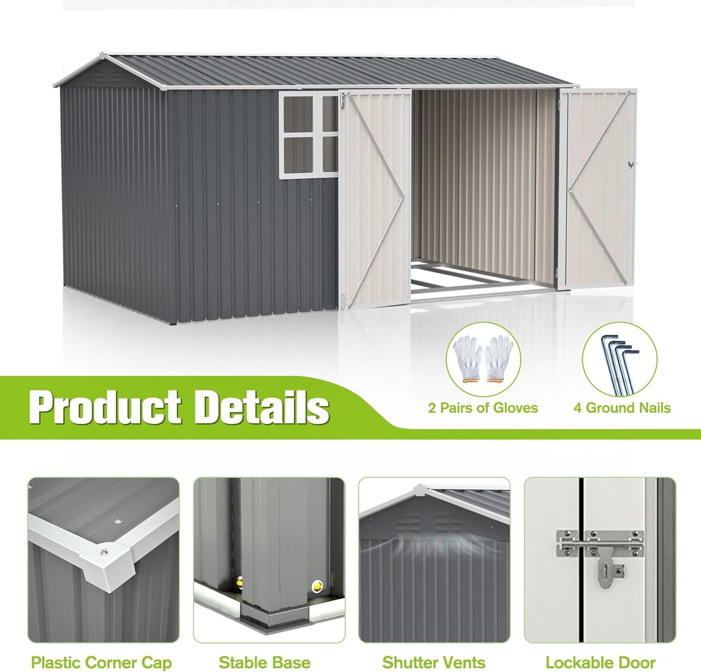 12' x 8' Outdoor Storage Shed with Floor, Waterproof Metal Garden Shed with Windows, Lockable Doors, and Sloped Roof for Patio, Backyard, Lawn, Tool Storage