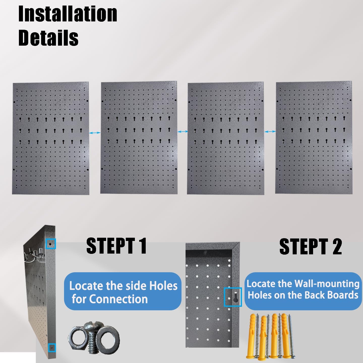 JZD 115 PCS Metal Pegboard Wall Organizer 4 Packs Metal Pegboard Kit 66x24 Inch Pegboard Panels Tool Organizer Kit with Accessories Hooks for Garage, Tool Storage,Craft Room