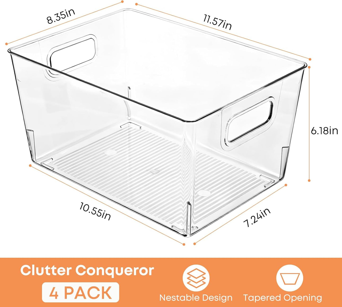 MOONEDGE 6 Pack Large Plastic Storage Bins, 11"x8"x6" Food-Grade Clear Containers Safe for Direct Food Contact, Pantry Storage for Kitchen, Fridge & Freezer, Versatile Organizers for Closet & Home