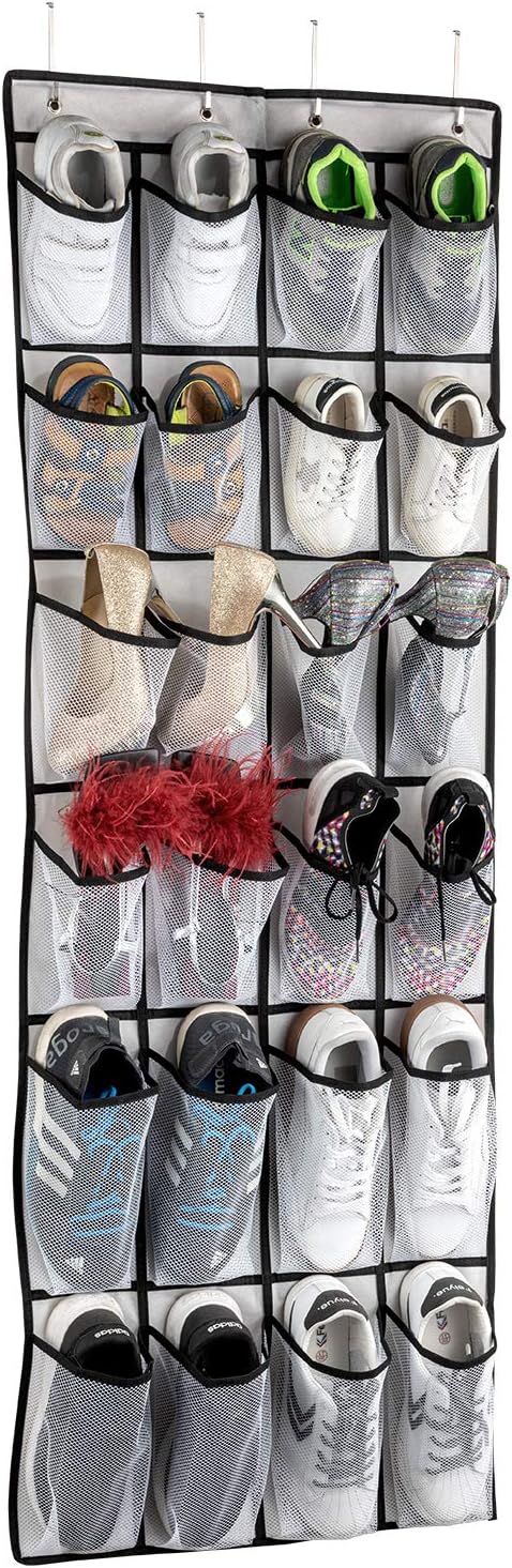 Hanging Shoe Organizer, Over The Door Shoe Organizer with 24 Mesh Large Pockets Door Shoe Rack for Men Women Kids Hanging Door Shoe Holder Size:58x21 Inch (White-2pack)