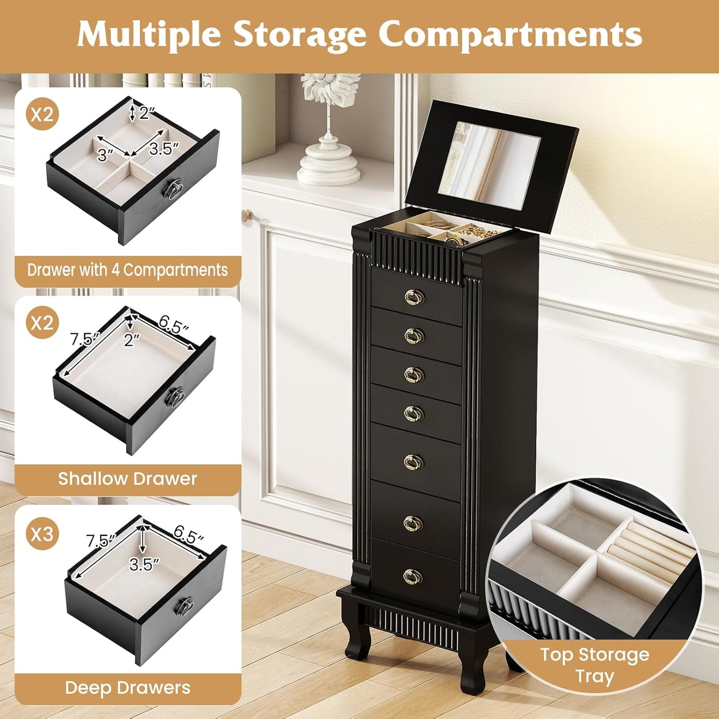Giantex Standing Jewelry Cabinet with 7 Drawers, Flip-Top Mirror, 2 Side Doors with 12 Necklace Hooks, Divided Ring Compartments, Velvet-Lined Jewelry Armoire Organizer Chest (Black)