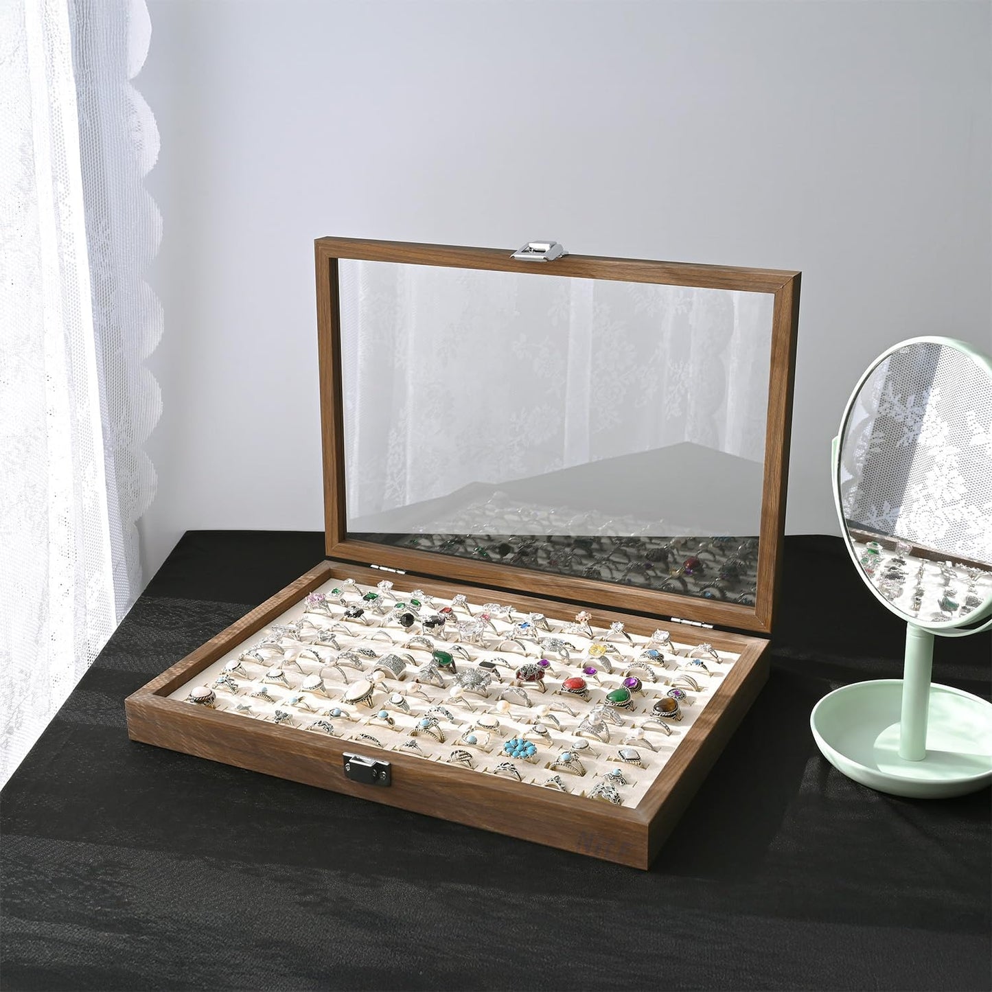 MOOCA 100 Ring Box Jewelry Display Tray, Display Case Accessories Storage Box with Tempered Glass Hinge Lid, Beige Lined Jewelry Tray for Rings, Walnut Color, 14.1W x 10.2D x 2.1H in