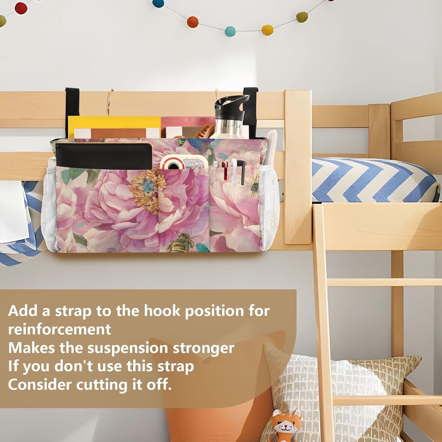 Pink Peony Bee Dragonfly Bedside Caddy for Dorm Bed Bedside Hanging Caddy Bag Iron Frame Storage Organizer Pocket for Bunk Home College Hospital Beds 2 Hooks