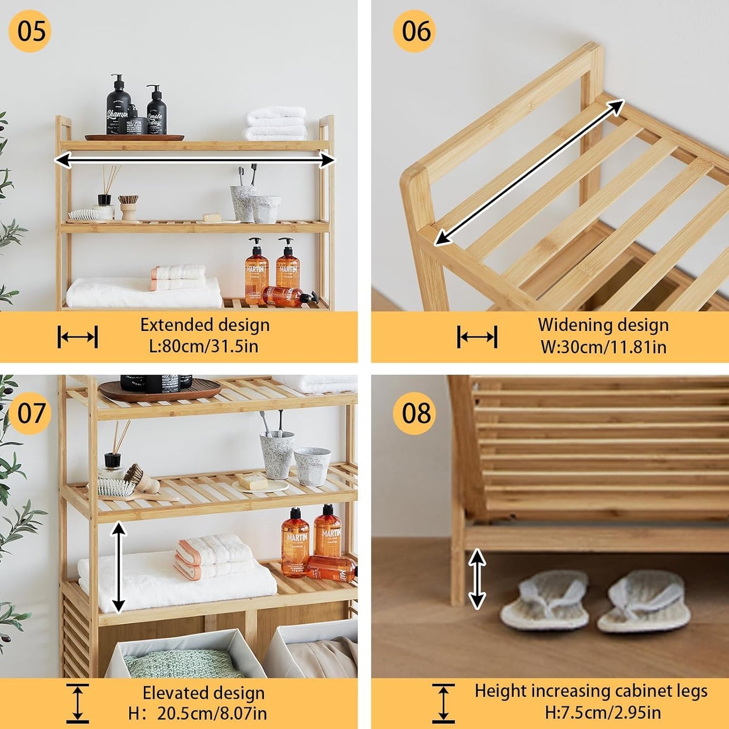 Double Tilt Out Laundry Hamper, Bamboo Hamper with 2 Removable Bags, Pull Out Laundry Hamper Cabinet, Bathroom Storage Shelf for Laundry Room, Living Room, Bedroom (3-Tier, Natural)