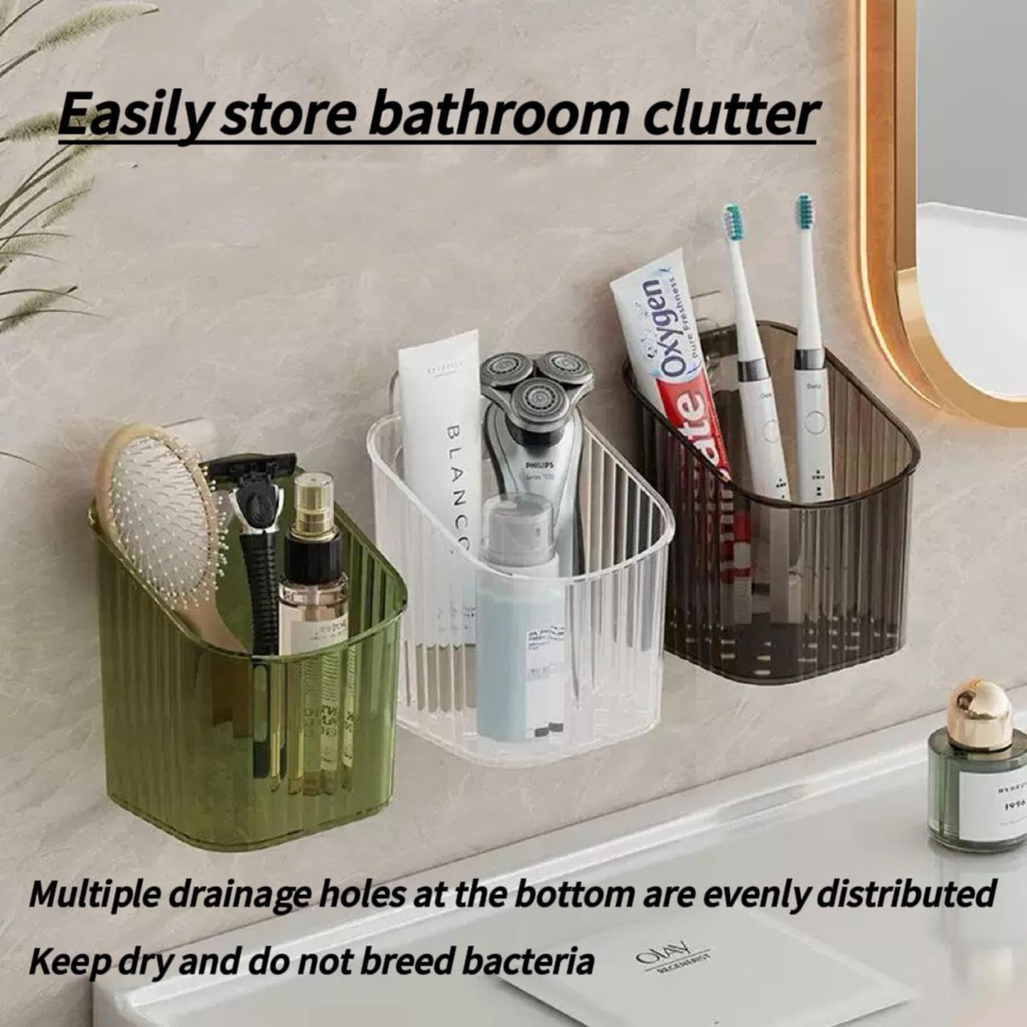 6Pack Wall Mount Organizer, Adhesive Cabinet Door Storage Bins, Clear Makeup Containers, Stackable Organizer Basket for Kitchen, Bathroom, Cabinet, Pantry, Office,Refrigerator Small Items storage