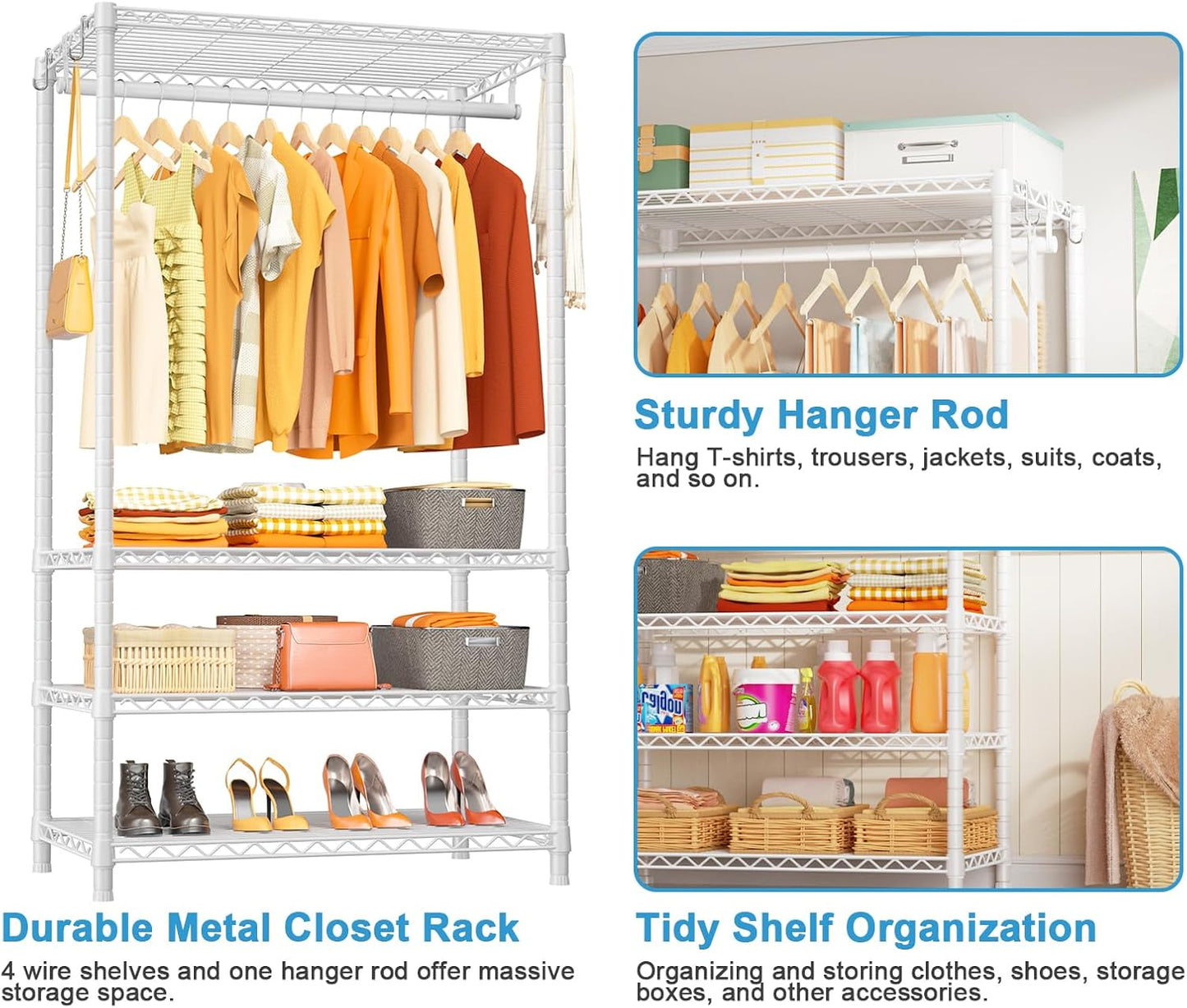 Ulif H4 Portable Closets, 4-Tier Metal Clothes Garment Rack for Bedroom and Cloakroom, Clothing Closet Storage and Organizer Wardrobe, 35.4" W x 14" D x 76.4" H, White