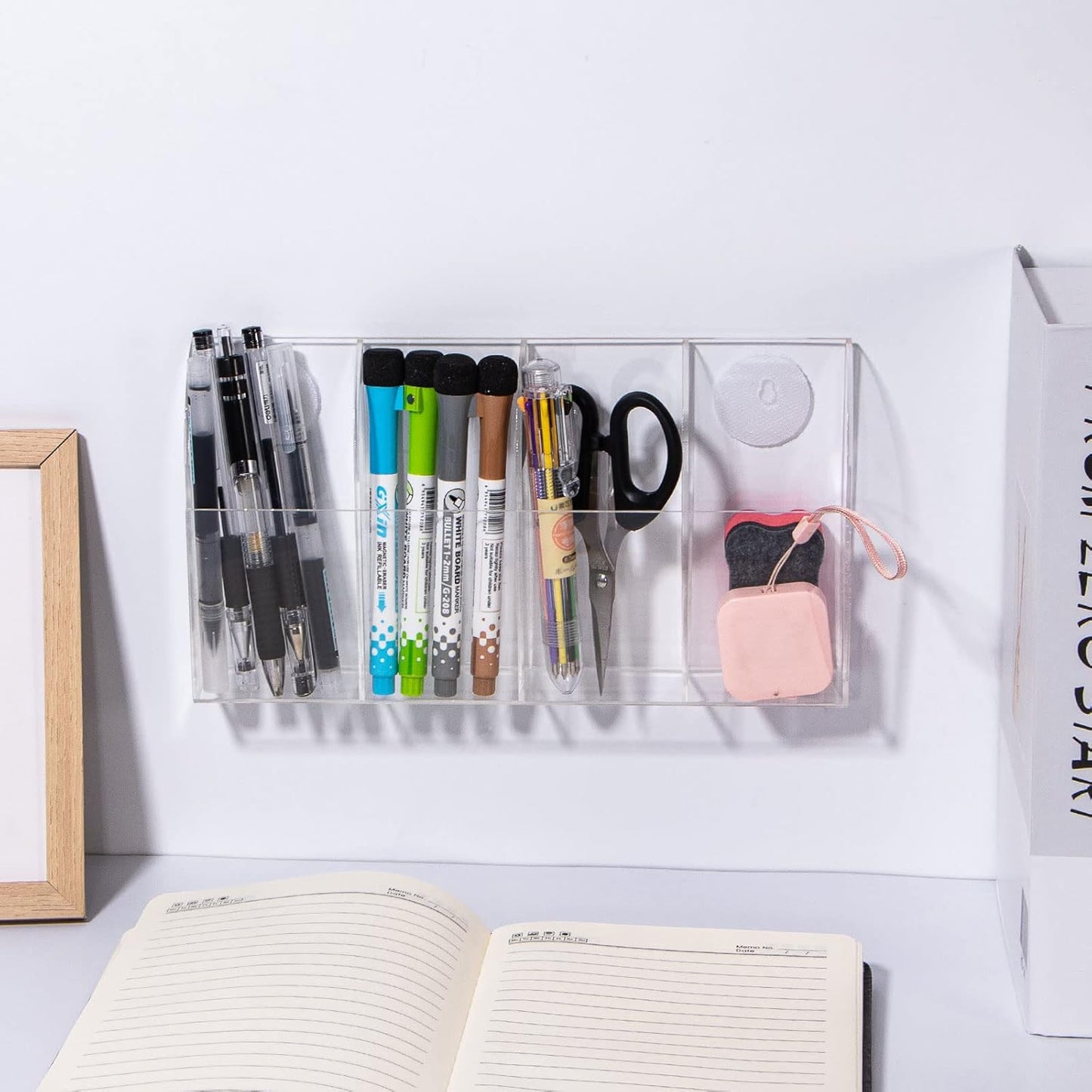 Yeeco Acrylic Remote Holder Wall Mount - 4 Compartment, Clear Acrylic Remote Control Holder, 10.4''1.6''5.6'' Wall Pen Holder, Pen & Makeup Key Organizer
