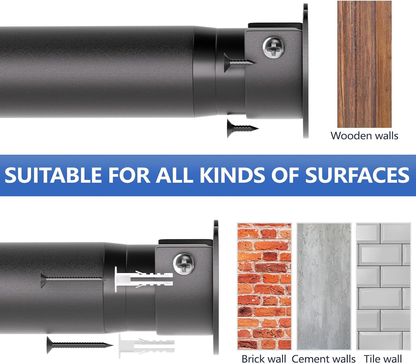 Closet Rods for Hanging Clothes, 17 to 83 Inch Closet Rod, Heavy Duty Adjustable Clothes Hanging Bar Rod Matte Black Closet Poles for Wardrobes, Closet, Bathroom, Windows,1.3 Inch Diameter