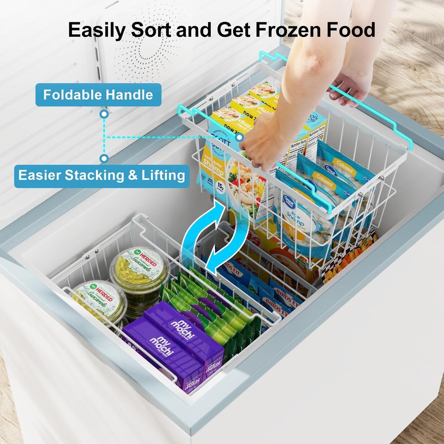 iSPECLE Freezer Organizer Bins - 3 Pack Adjustable Chest Freezer Organizer Bins for 5 to 9 Cu.Ft Deep Freezer, Extra Large & Easy Organize Basket Store More, Stackable No Wasted Space, White
