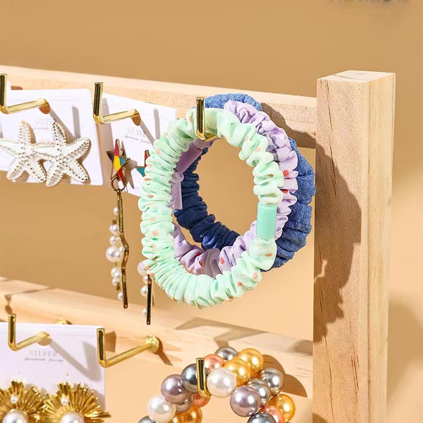 4 Layers of Wooden Display Eacks With Hooks for Necklaces. Rings, Earrings, Bracelets, And Other Jewelry Storage Display Rack