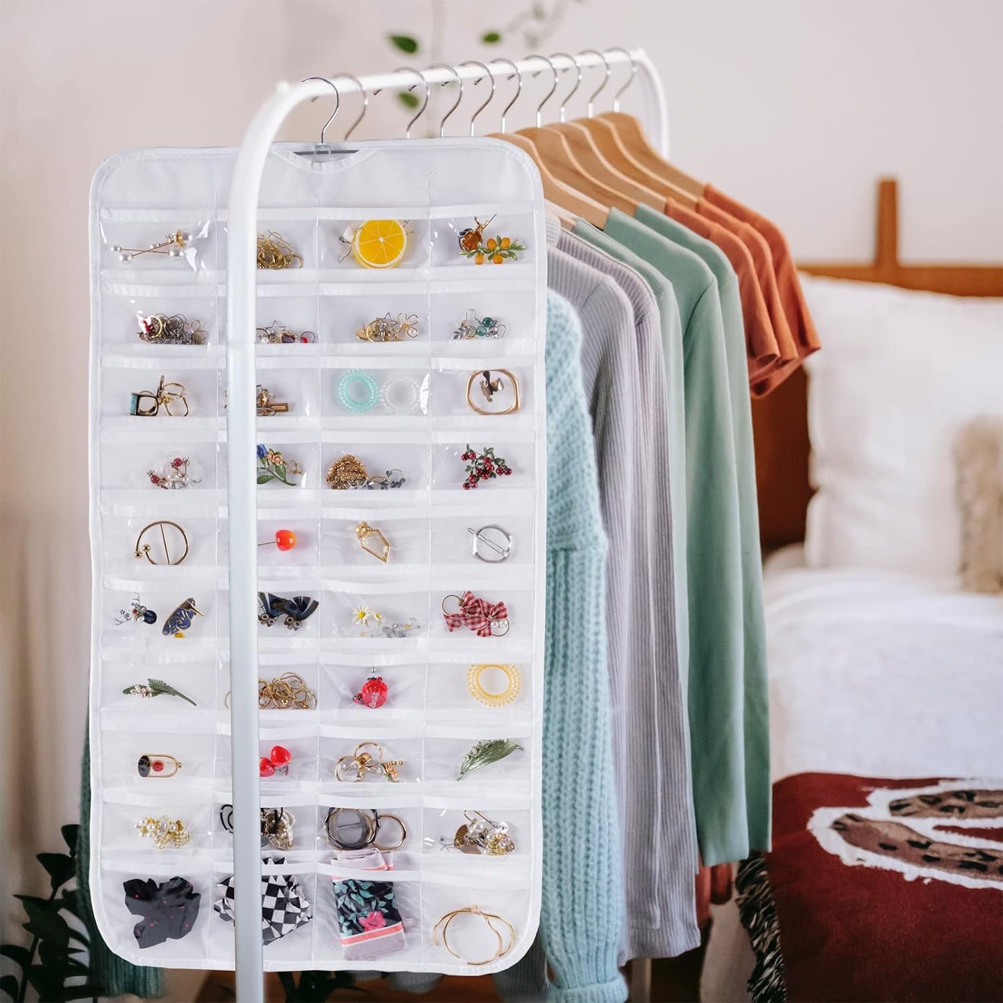Bloss Hanging Jewelry Organizer With 80 Pockets Double-Side Dating Gifts Jewelry Storage Hanger For Accessories Jewelry Earring Holder Storage for Closet,Wall, Door, Travel-White
