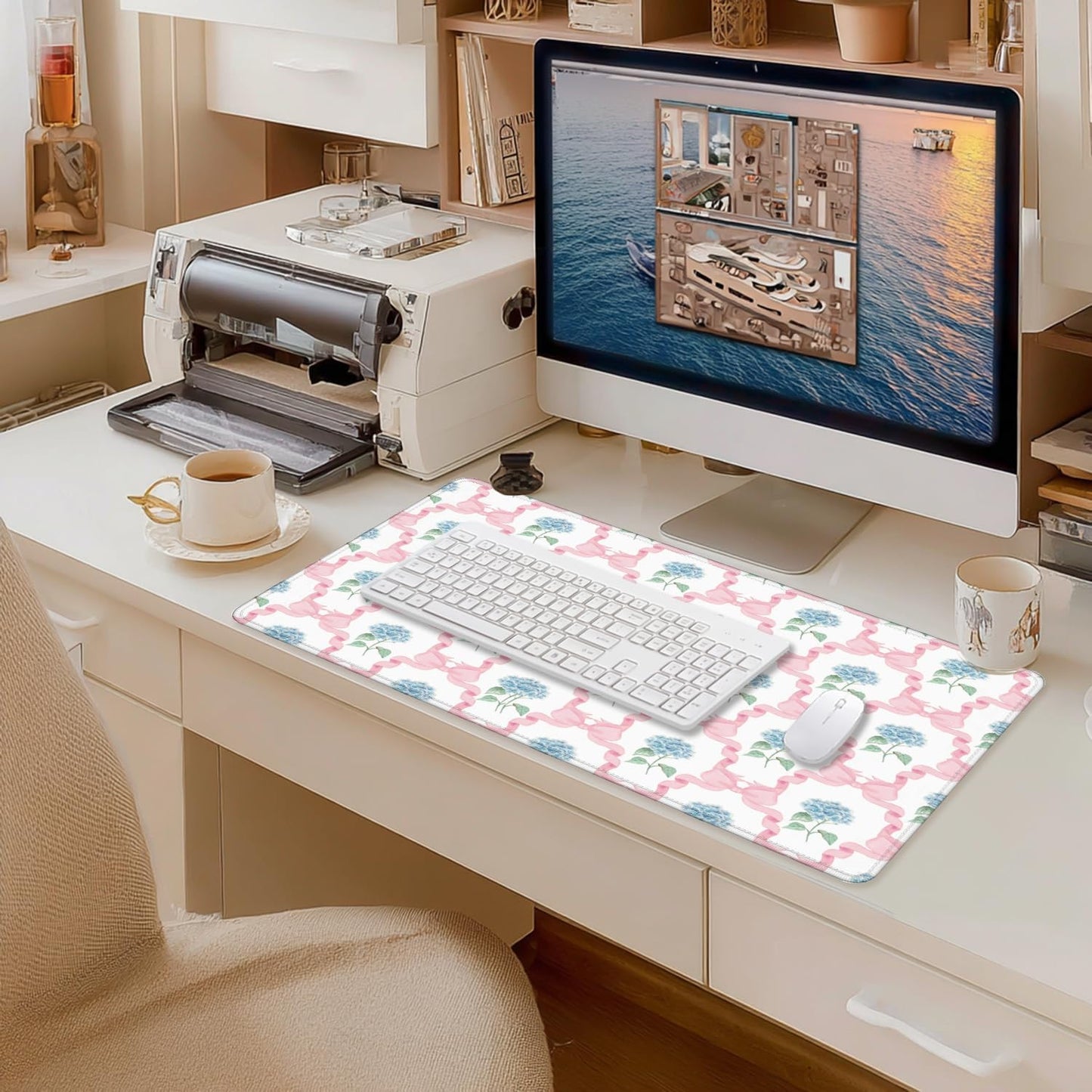 Blue Hydrangea Large Mouse Pad 31.5x15.7inch, Trendy Coquette Pink Bow Flower Aesthetic Large Extended Computer Desk Mat Mousepad for Keyboard and Mouse, Preppy Desk Accessories