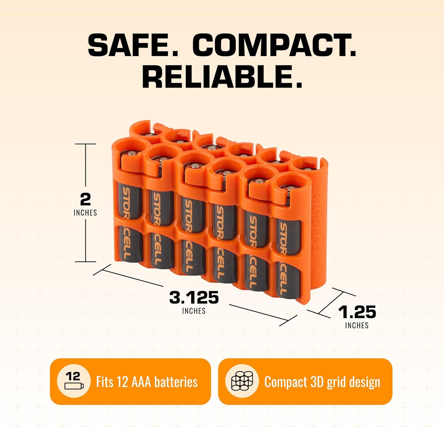 Storacell AAA-12 Battery Storage Caddy and Dispenser (Pack of 2), Orange, Holds 12 AAA Batteries (Not Included), Durable & Compact Design, The Original Battery Caddy, Made in The USA