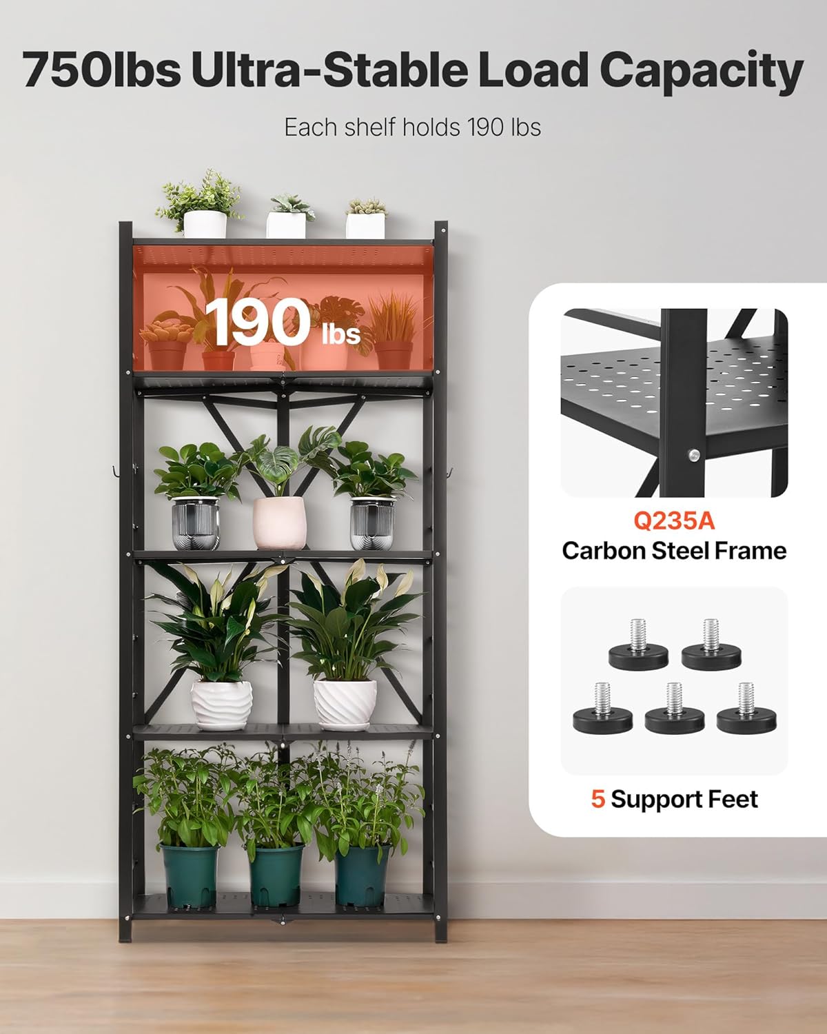 VEVOR 5-Tier Foldable Storage Shelf, 28W x 15D x 64H Inch Folding Metal Rack Shelving Unit, No Assembly Organizer Shelf with 5 Wheels & 4 Hooks for Pantry, Kitchen, Garage, Basement, Black