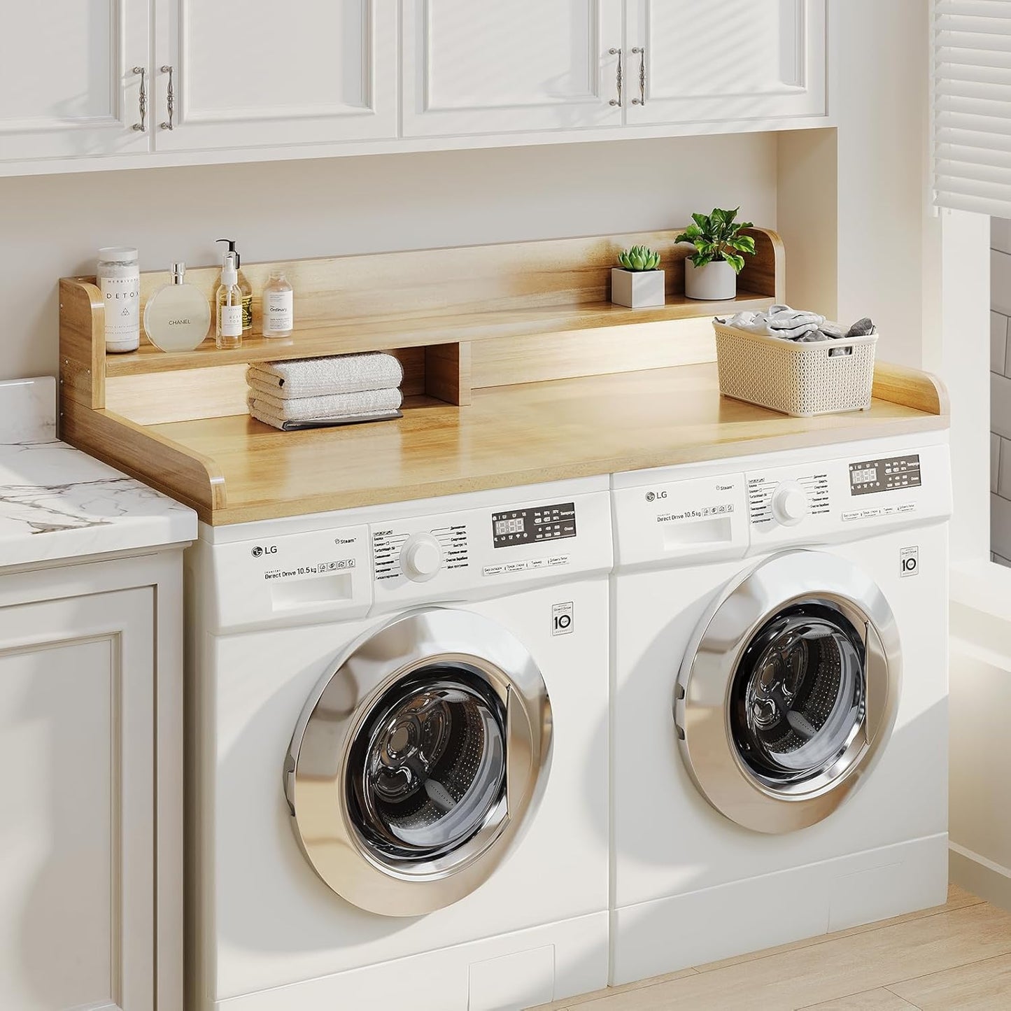 2-Tier Washer Dryer Countertop with 2.75" H Edge Rails, 58" W x 28" D Laundry Countertop for Folding Clothes, Washer and Dryer Topper with Non-Slip Pad (Pure Wood Color)