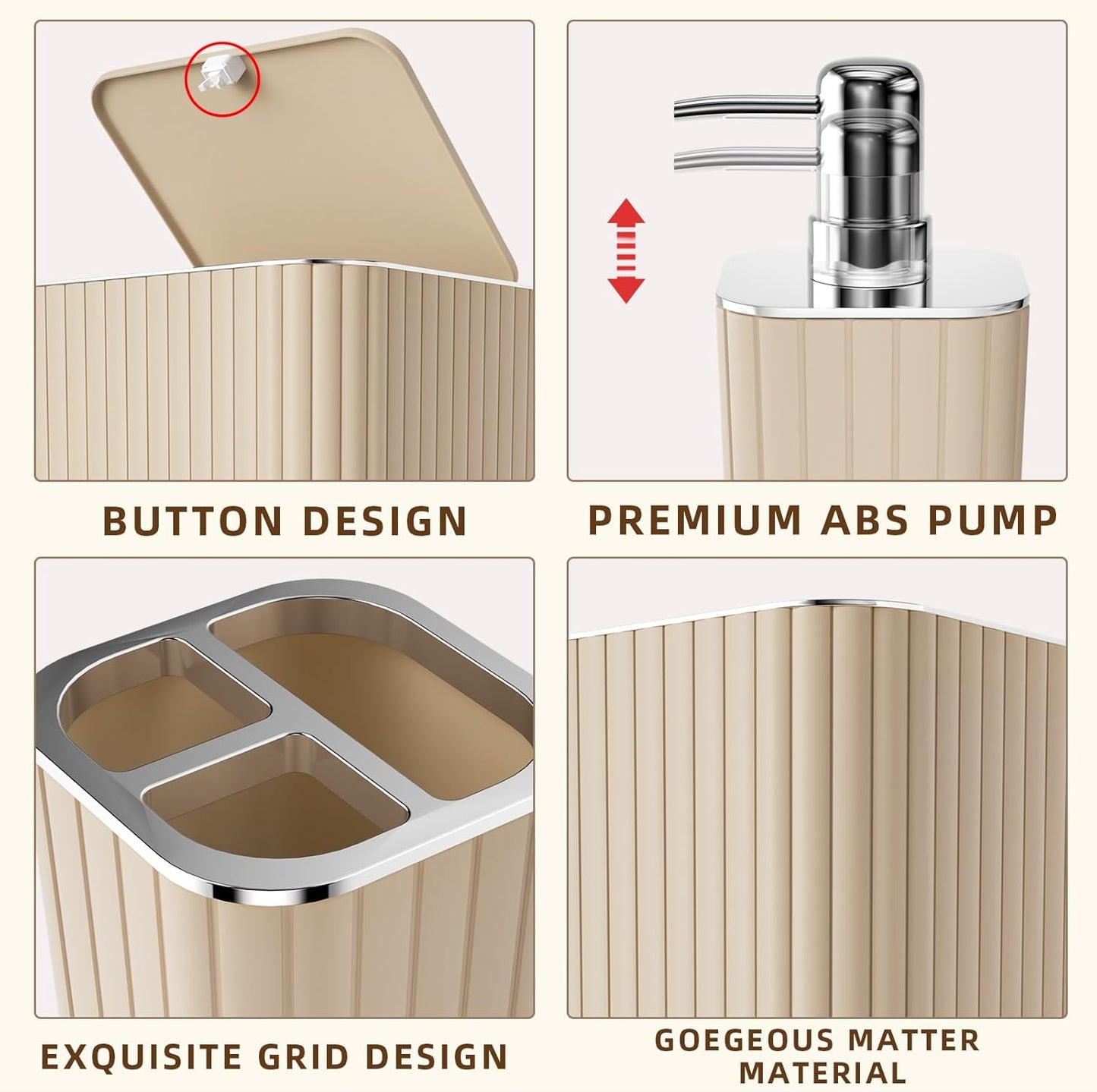 Bathroom Accessories Set - Gorgeous Beige Bathroom Set, 10PC Bathroom Accessory Set, Toilet Brush, Trash Can & Soap Dispenser