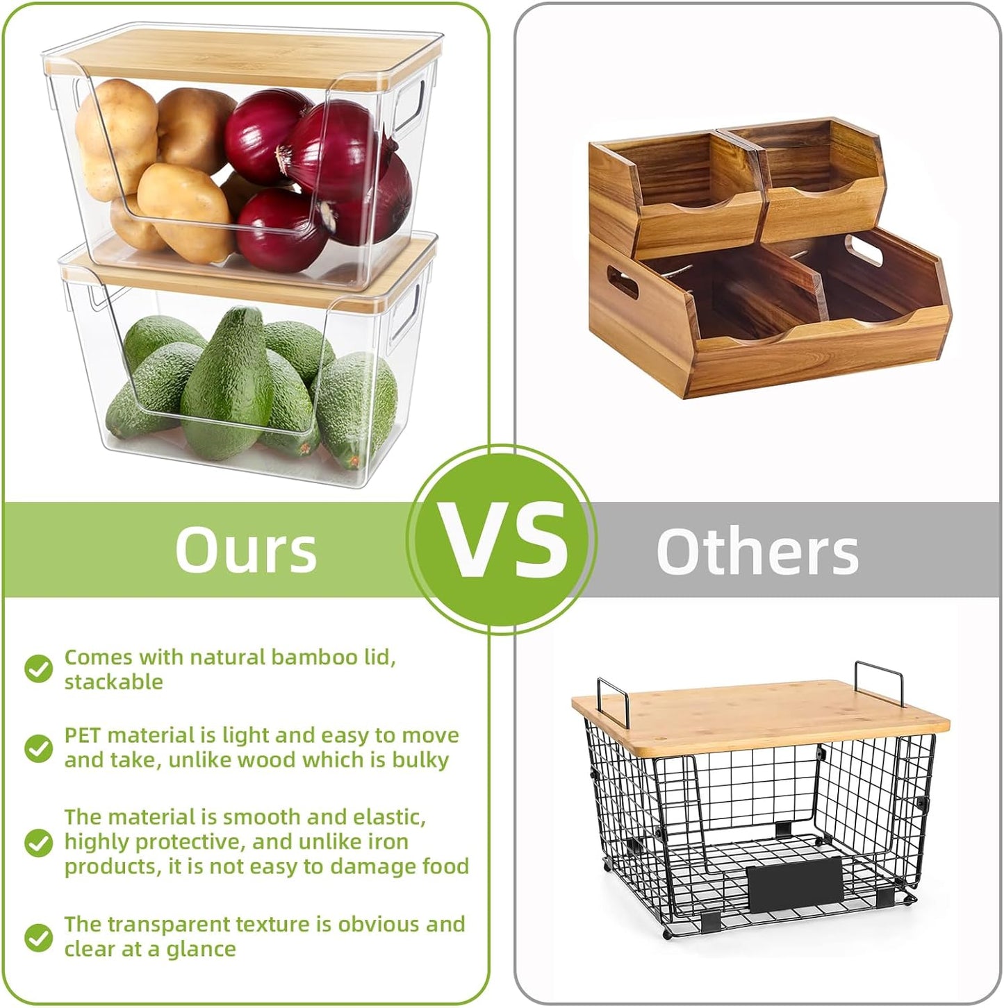 Pantry Organizers and Storage, Stackable Plastic Pantry Organizer with Lid & Handle for Kitchen Counter, Fridge for Fruit, Potato, Onion, Vegetable, 4 Set (Clear- 2 Large Bin & 2 Medium Bin)