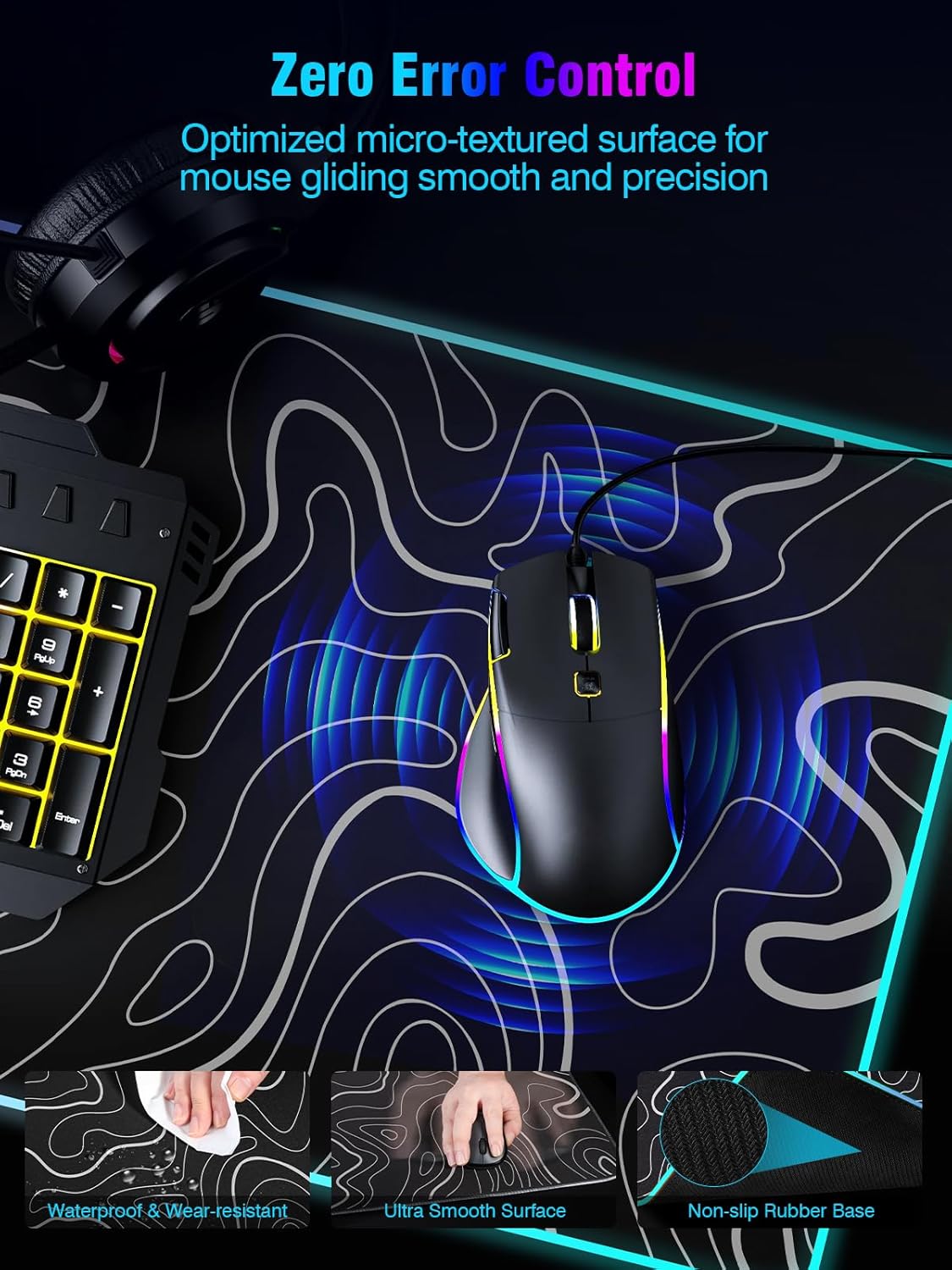 Mouse Pad with Magnetic Wireless Charging, Large Desk Pad Protector, RGB Black Mousepad Desk Mat with 15W Fast Charger, 4mm Thick Non-Slip, Waterproof Laptop Writing Pad for Office, Home, Gaming