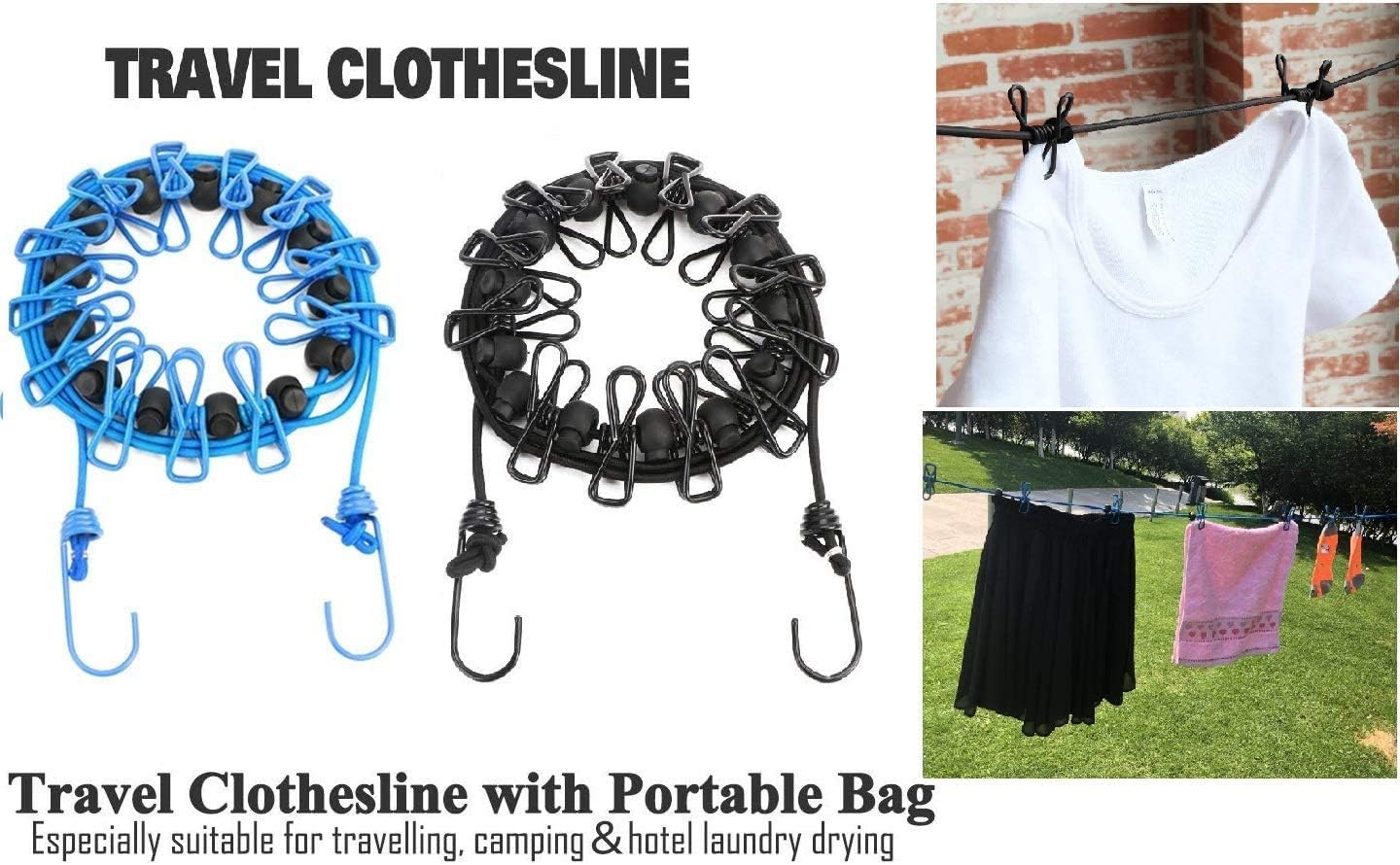 1 Pack Portable Clothesline with 12 Clothespins, Windproof Travel Clothesline Stretchy Retractable Elastic Laundry Clothes Line for Backyard, Vacation Hotel, Balcony Clothes Drying Line