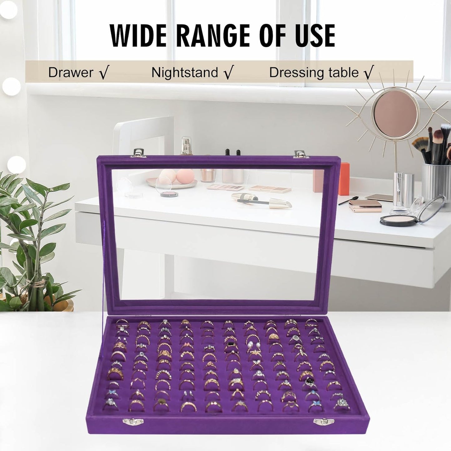 Ring Display Tray Organizer Box with Transparent Lid, 100 Slot Ring Holder Showcase For Store Display Jewelry Show Home, Ring Organizer For Jewelry Rings, Studs Earrings (Purple)