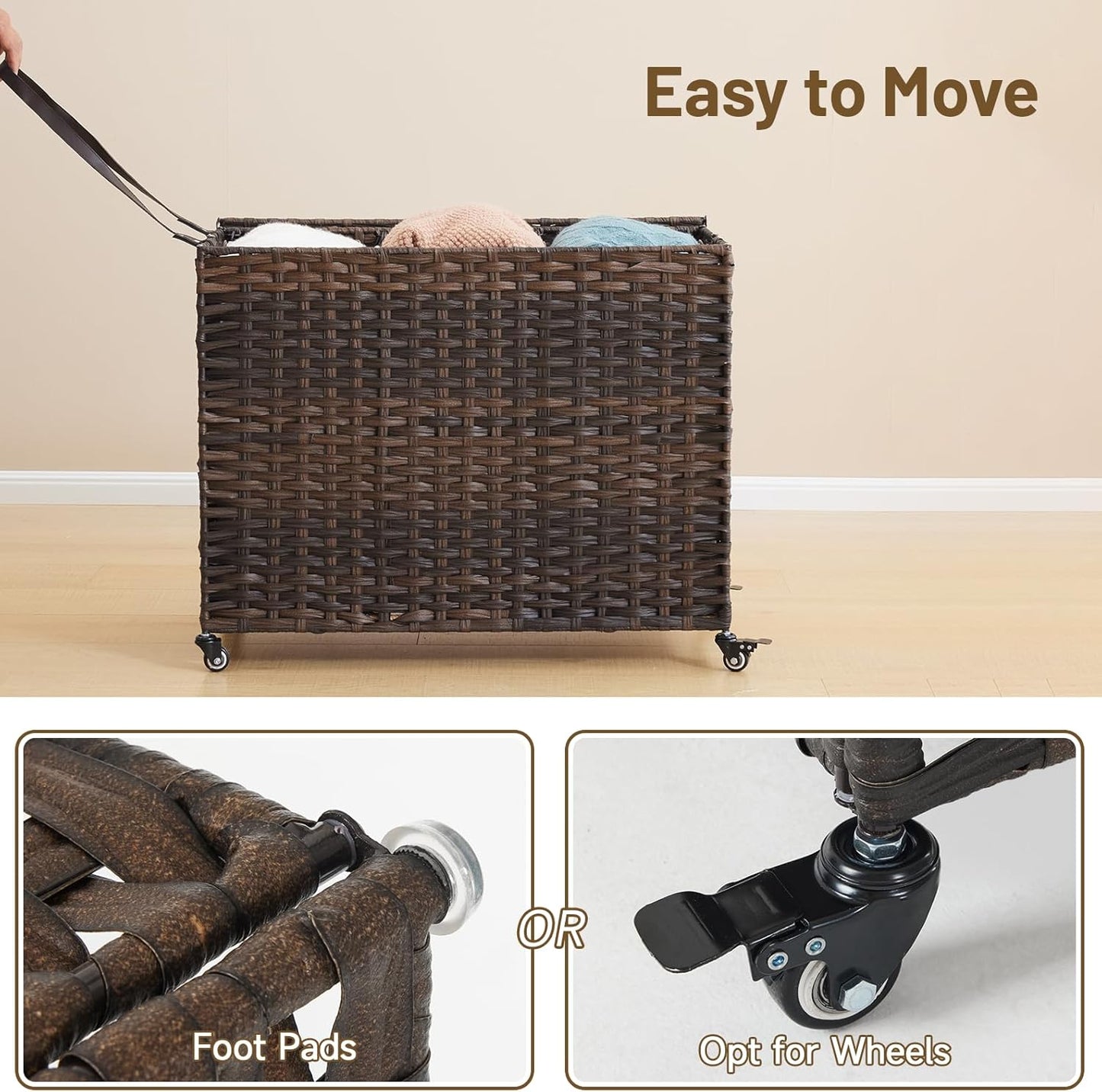 Laundry Hamper with Wheels, 52.8 Gallon(200L) Rolling Laundry Basket with Lid, 3-Section Rattan Clothes Hamper with 3 Removable Liner & 3 Mesh Bags, Laundry Sorter with Side Pocket, Brown